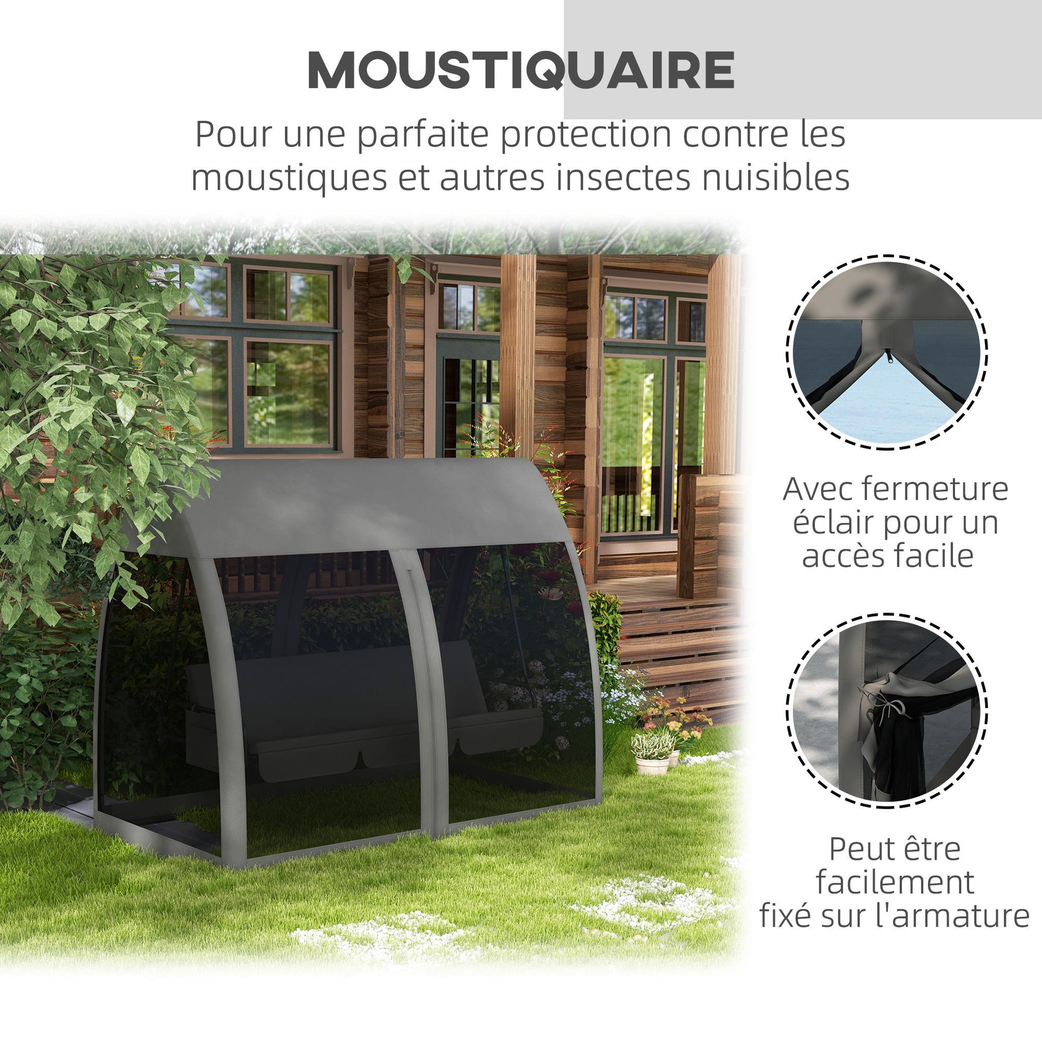 Voir la diapositive 6 : OUTSUNNY Balancelle de jardin convertible 3 places - matelas assise dossier, moustiquaire intégrale, toit - métal polyester gris