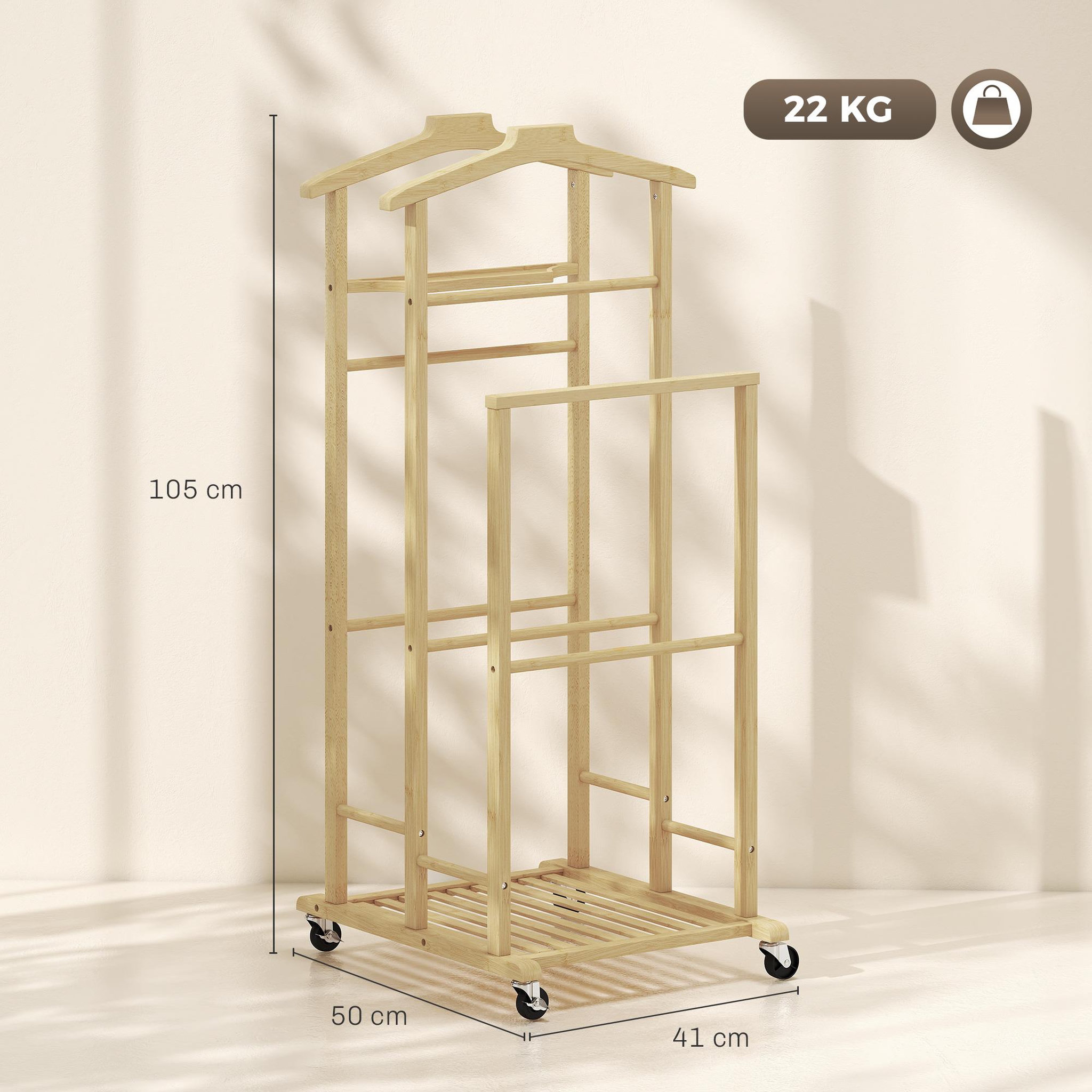 Voir la diapositive 3 : HOMCOM Valet de chambre mobile bois bambou avec portants et étagère
