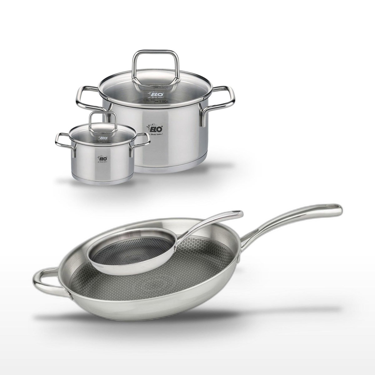 ELO Lot de 2 Poêles 24cm et 32cm en inox Elo Relief Evolution avec 2 Faitouts 12cm et 20cm