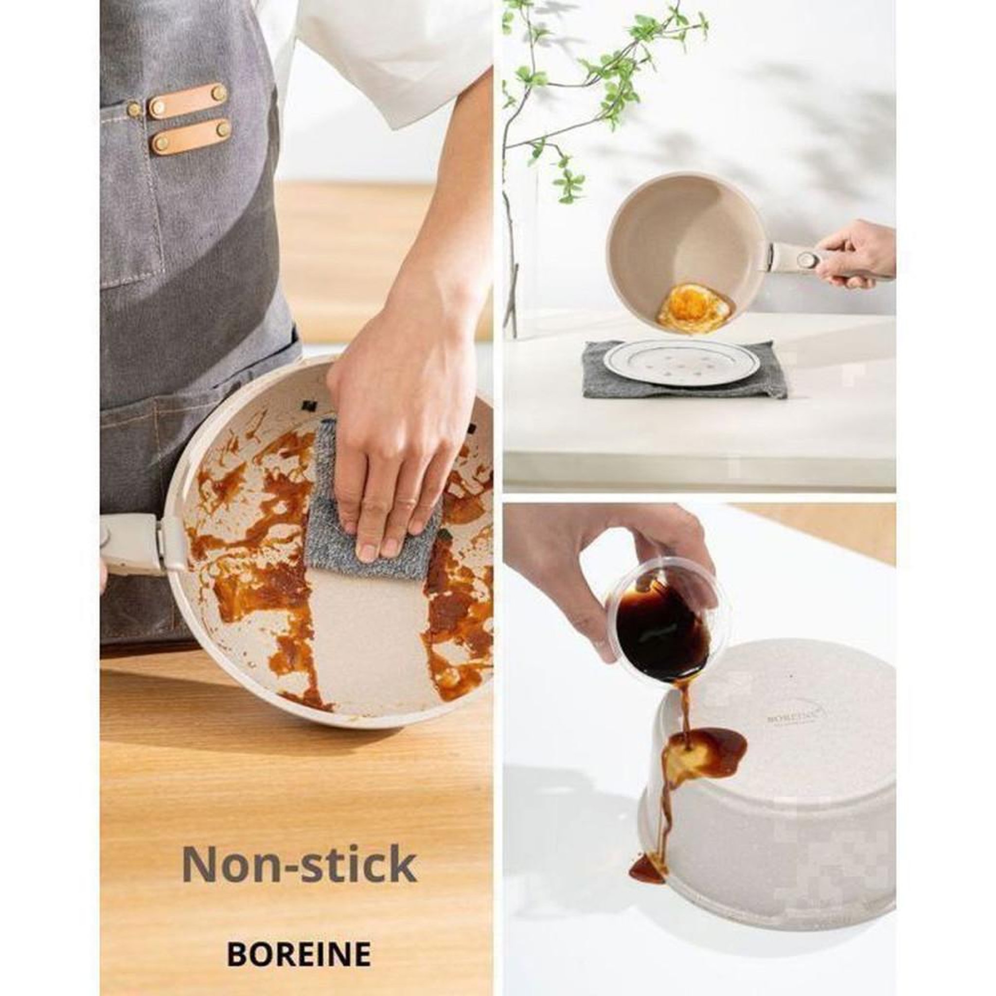 Voir la diapositive 3 : Coffret batterie de cuisine antiadhésive 14 pièces BOREINE en aluminium moulé brun, poignées amovibles, couvercles silicone, induction et gaz, allant au four 250°C