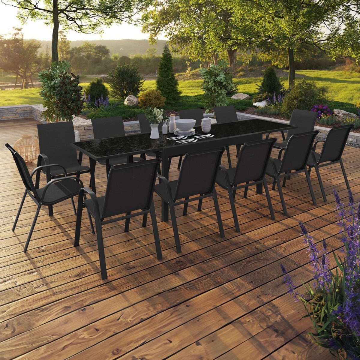 ID MARKET Salon de jardin MADRID table extensible 135-270 CM et 12 chaises empilables noir