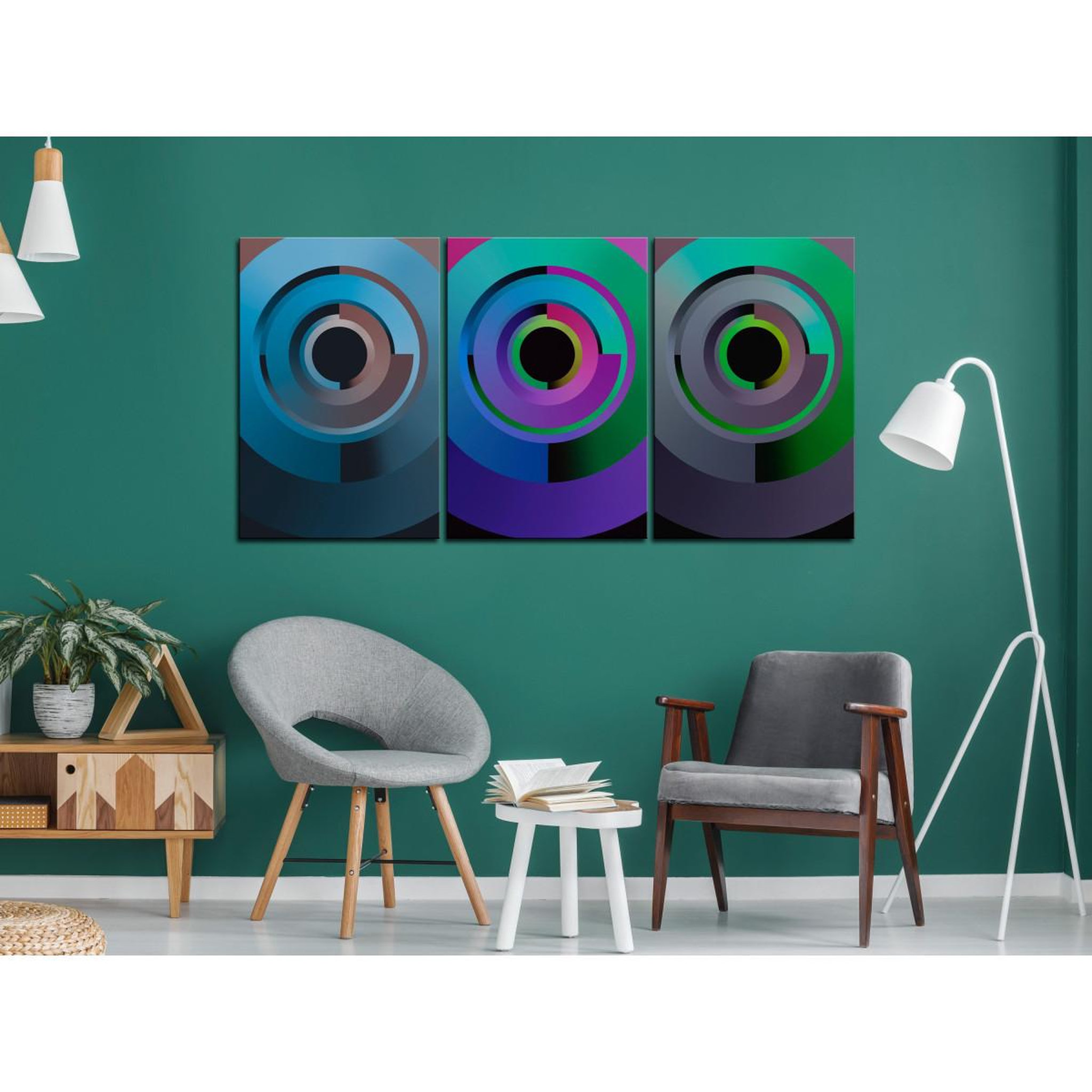 Voir la diapositive 2 : Paris Prix Tableau imprimé  gradient circles 3 panneaux  60x120cm