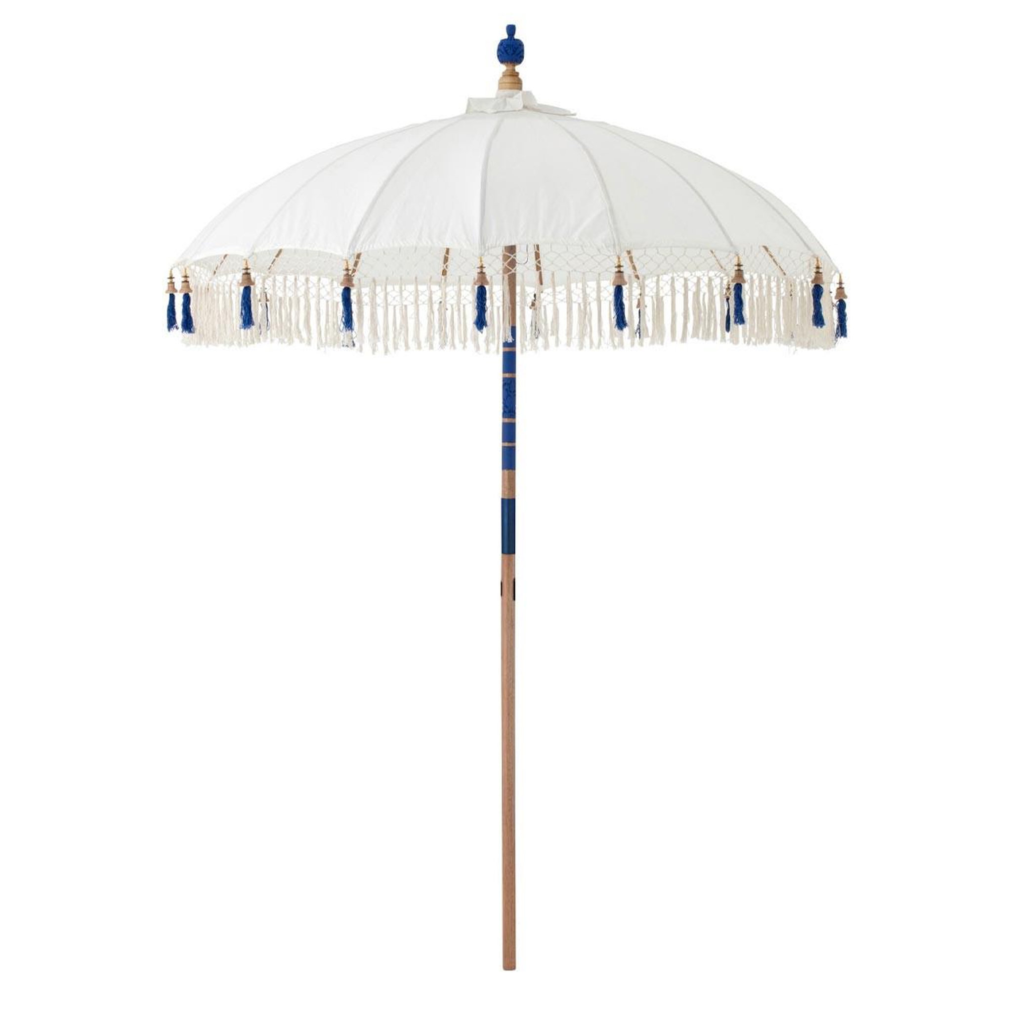 J-LINE Parasol rond à franges  flavie  180cm écru & bleu