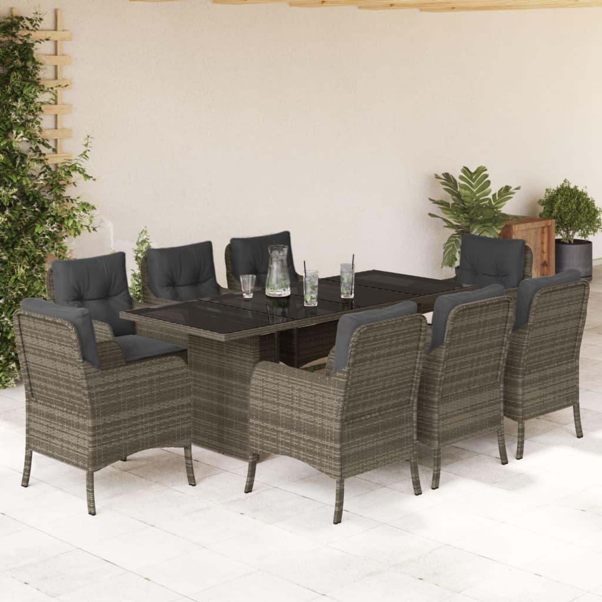 VIDAXL Ensemble a manger de jardin 9 pcs coussins gris resine tressee