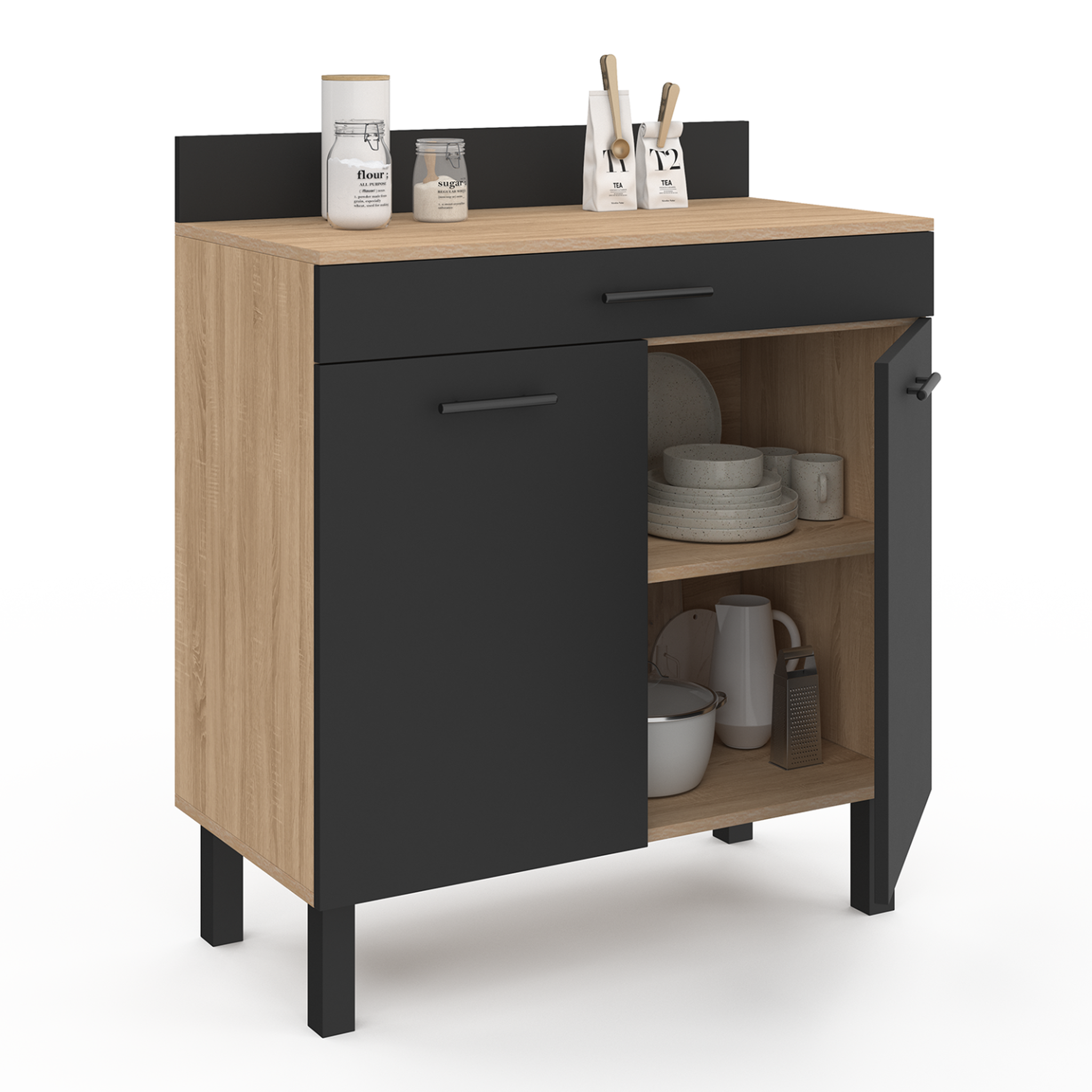 Voir la diapositive 4 : ID MARKET Buffet bas de cuisine 80 cm cina plan de travail h.83 cm 2 portes + tiroir façon hêtre et noir