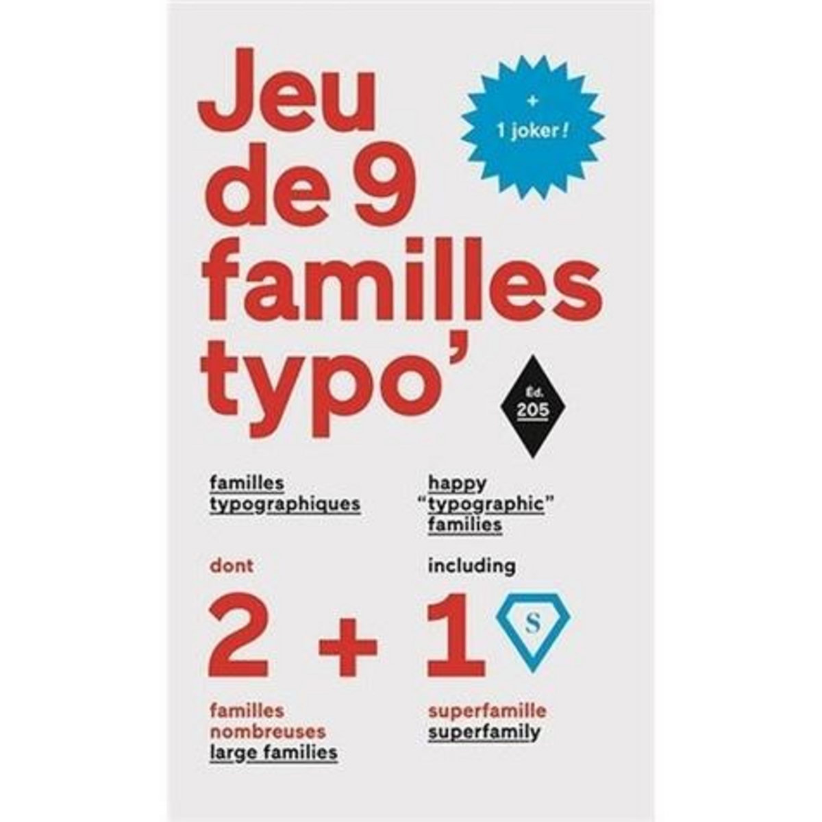 JEUX DE 9 FAMILLES TYPOGRAPHIQUES. DONT 2 FAMILLES NOMBREUSES, 1 SUPERFAMILLE ET 1 JOKER, Gautier Damien