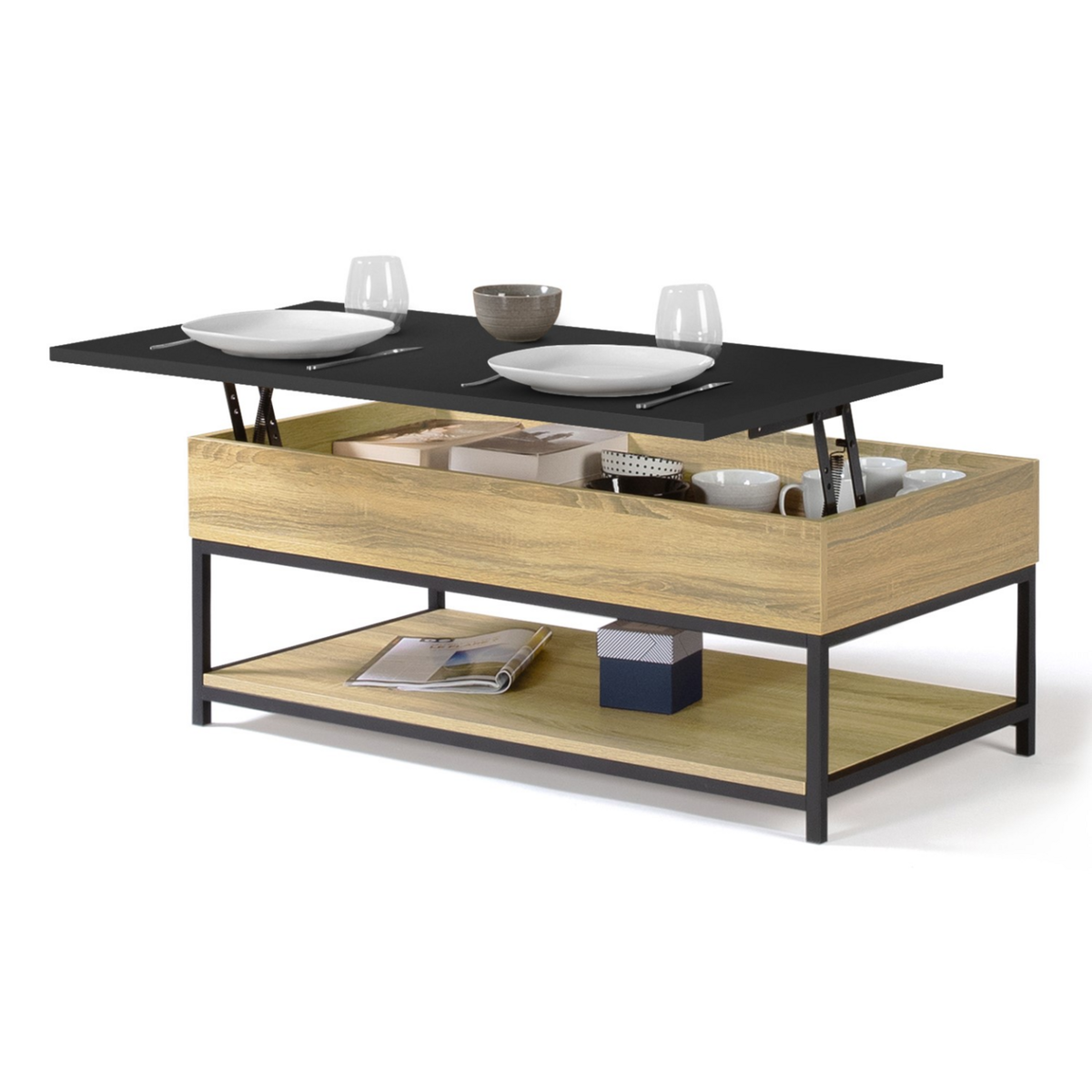 ID MARKET Table basse plateau relevable intégral rectangulaire BOSTON et étagère inférieure design industriel