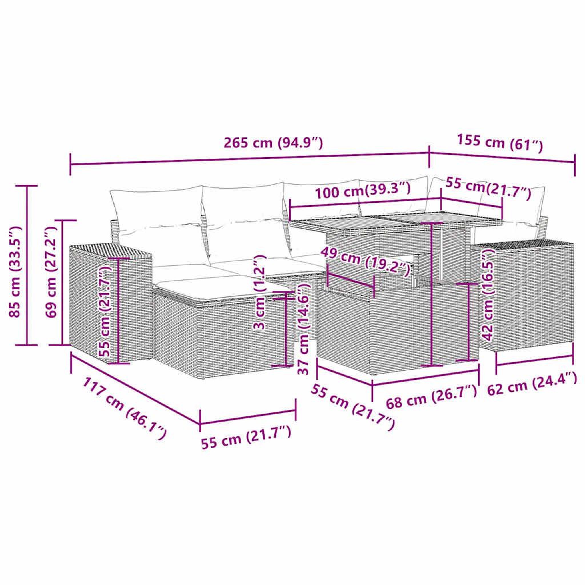 Voir la diapositive 6 : VIDAXL Salon de jardin avec coussins 7 pcs gris resine tressee