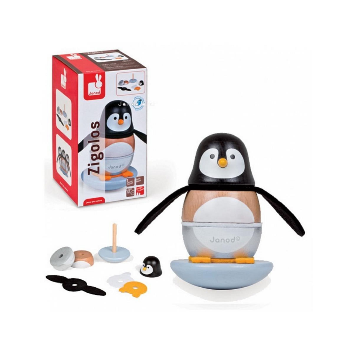 Juratoys-Janod Culbuto Pingouin Zigolos Janod - Jouet d'Éveil en Bois pour Enfants de 18 Mois et Plus