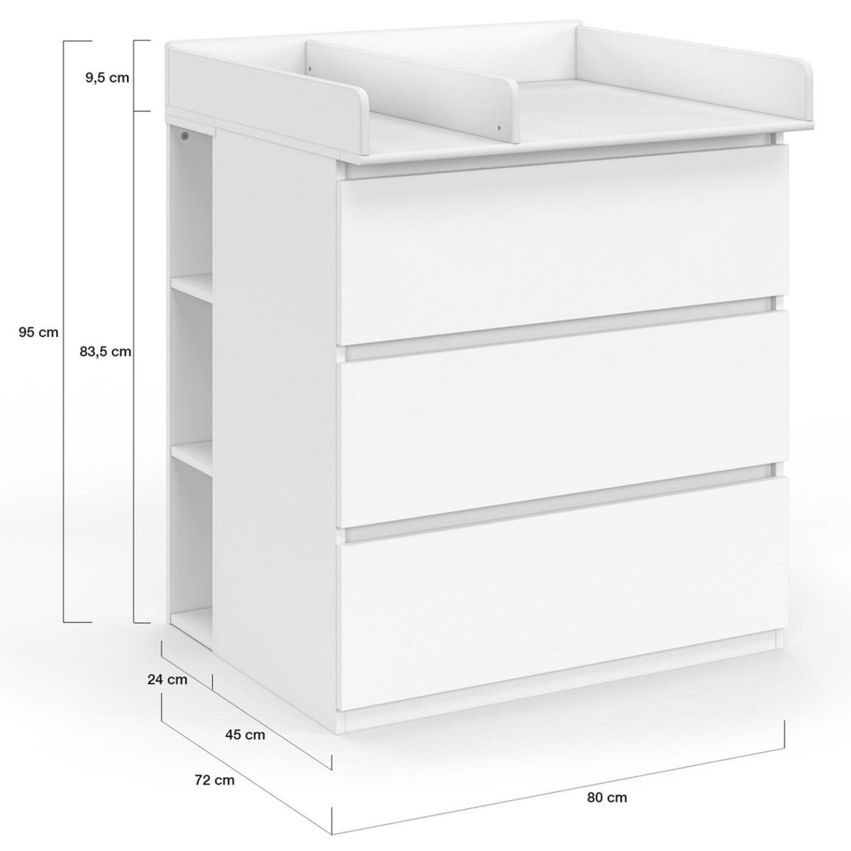 ID MARKET Commode à langer évolutive AMBRE blanc 3 tiroirs table à langer et 2 étagères amovibles