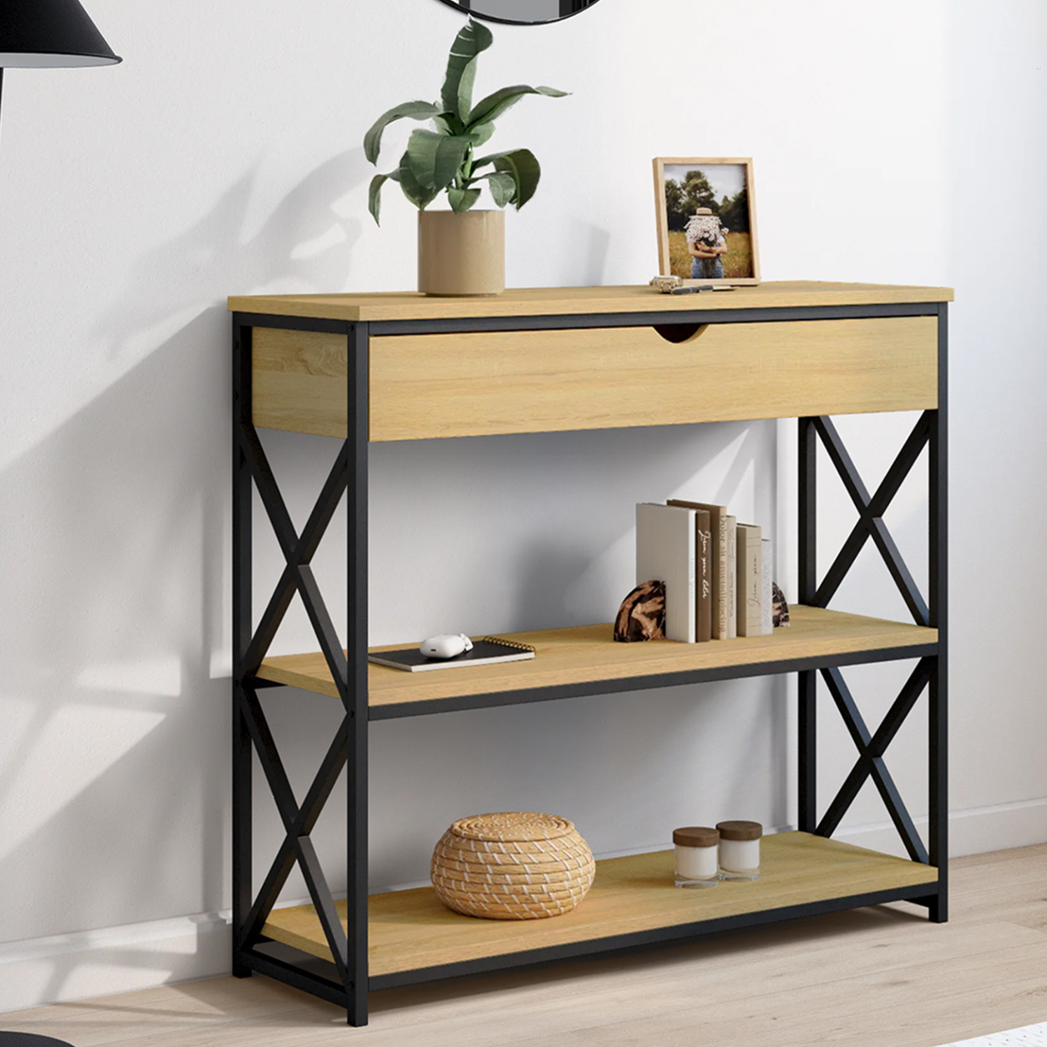 Voir la diapositive 2 : ID MARKET Console 1 tiroir wayne 2 étagères design industriel