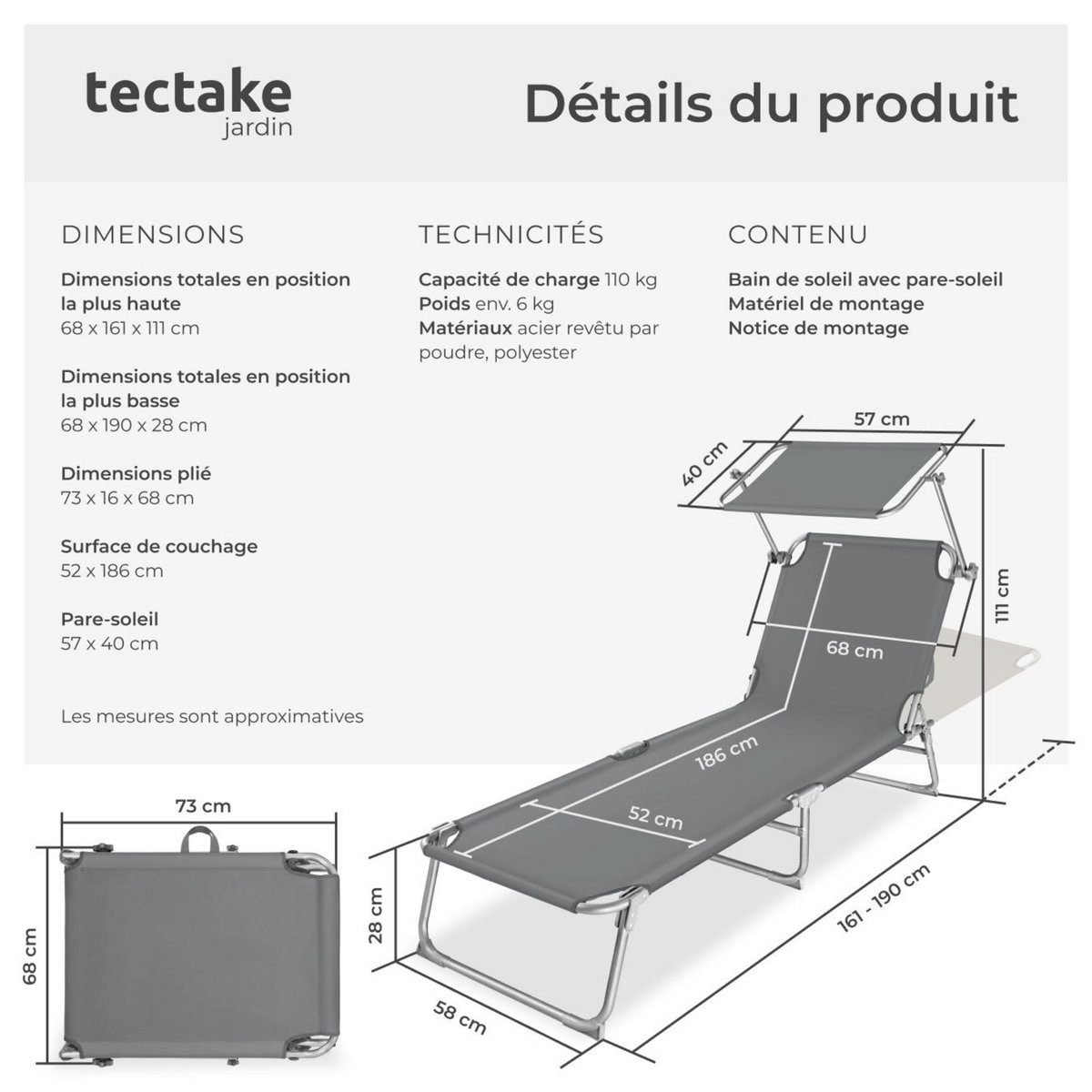tectake Transat en acier pliable gris