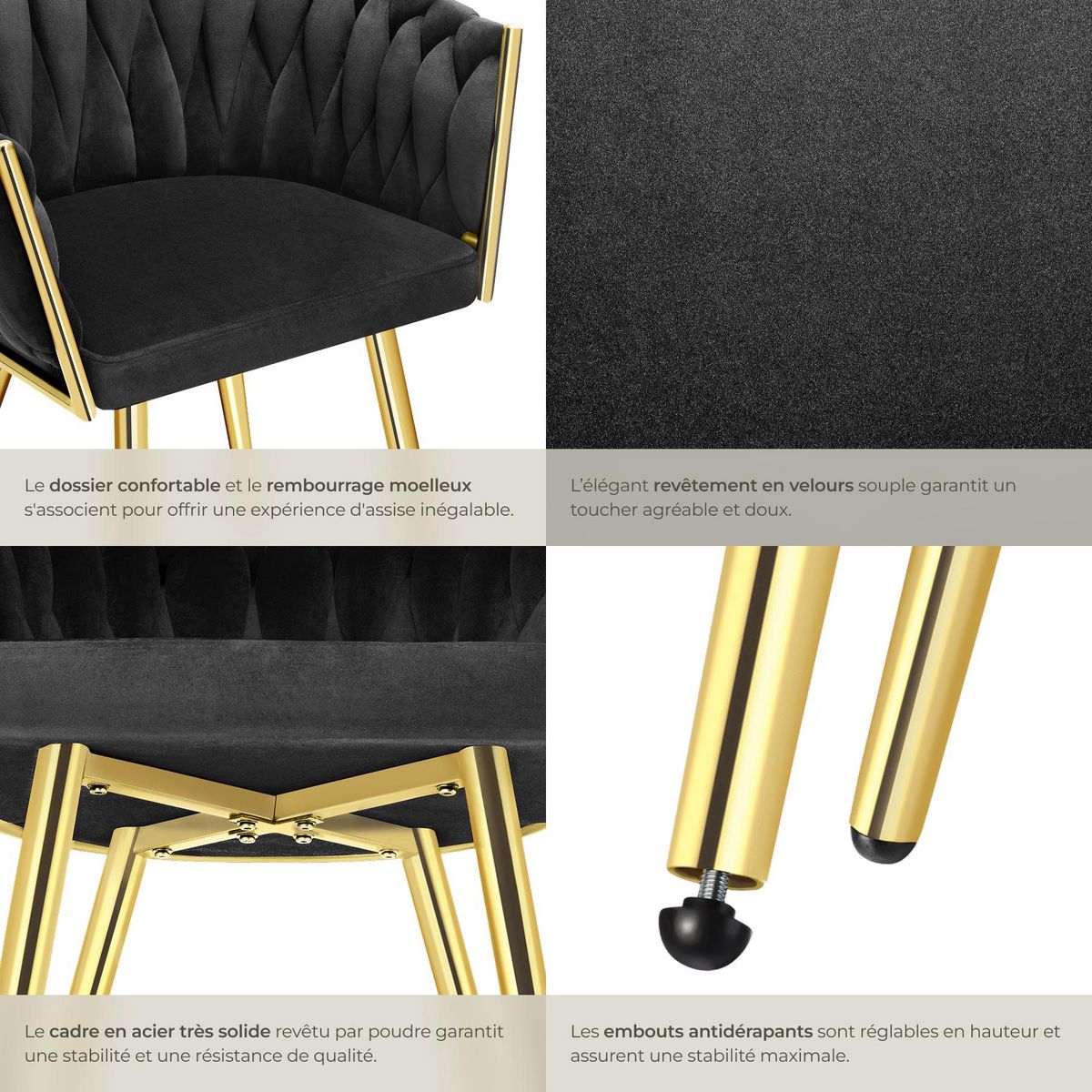 tectake Lot de chaises de salle à manger rembourrée avec revêtement en velours et design noué noir/or Lot de 2