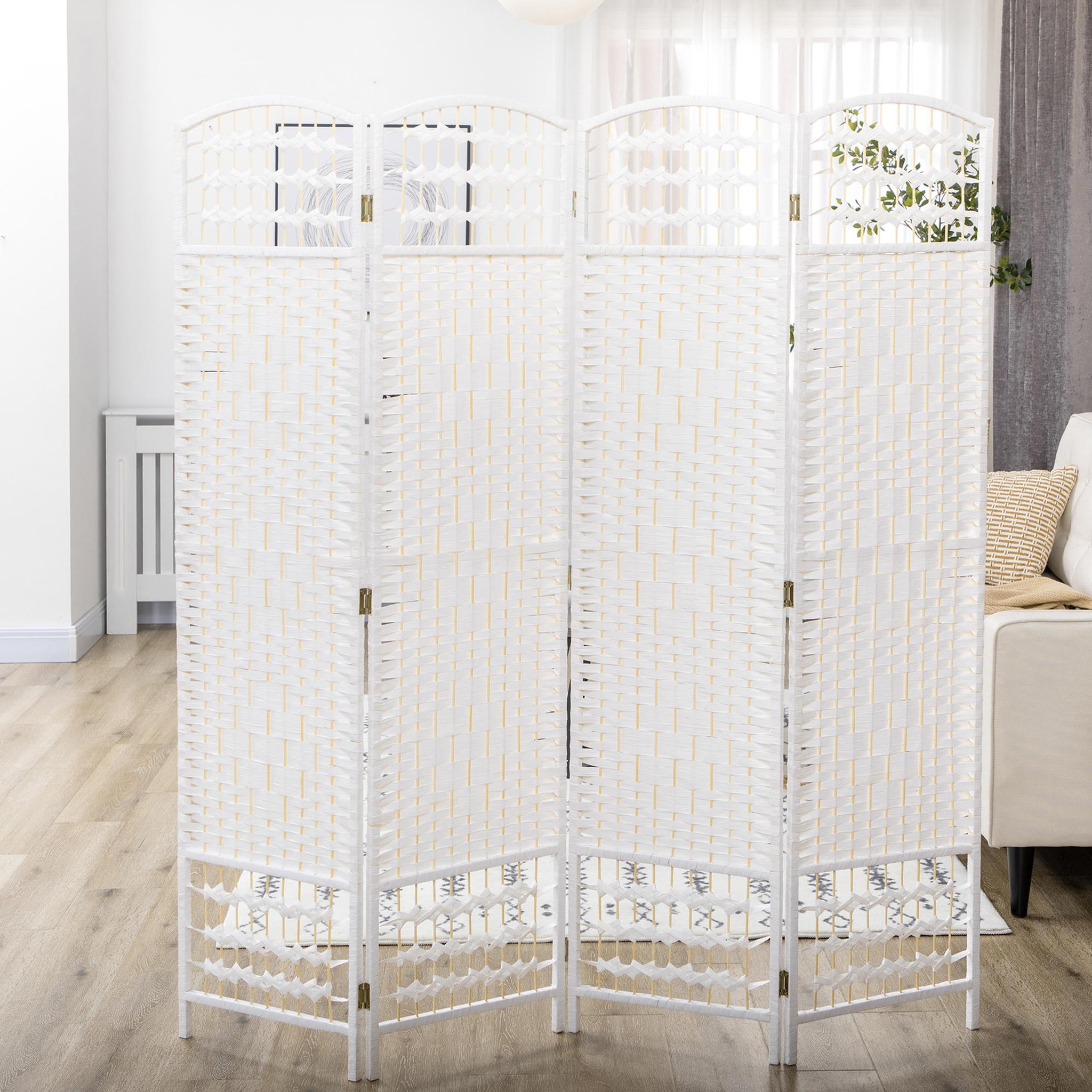 Voir la diapositive 4 : HOMCOM Paravent intérieur 4 panneaux pliables séparateur de pièce bois de peuplier bambou fibres de papier tressée blanc paille