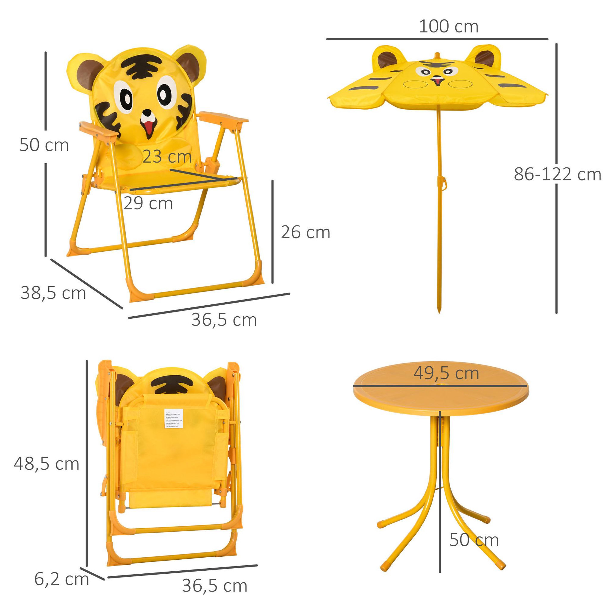 Voir la diapositive 3 : OUTSUNNY Ensemble salon de jardin enfant 4 pcs design tigre - table ronde + 2 chaises pliables + parasol - métal époxy oxford jaune