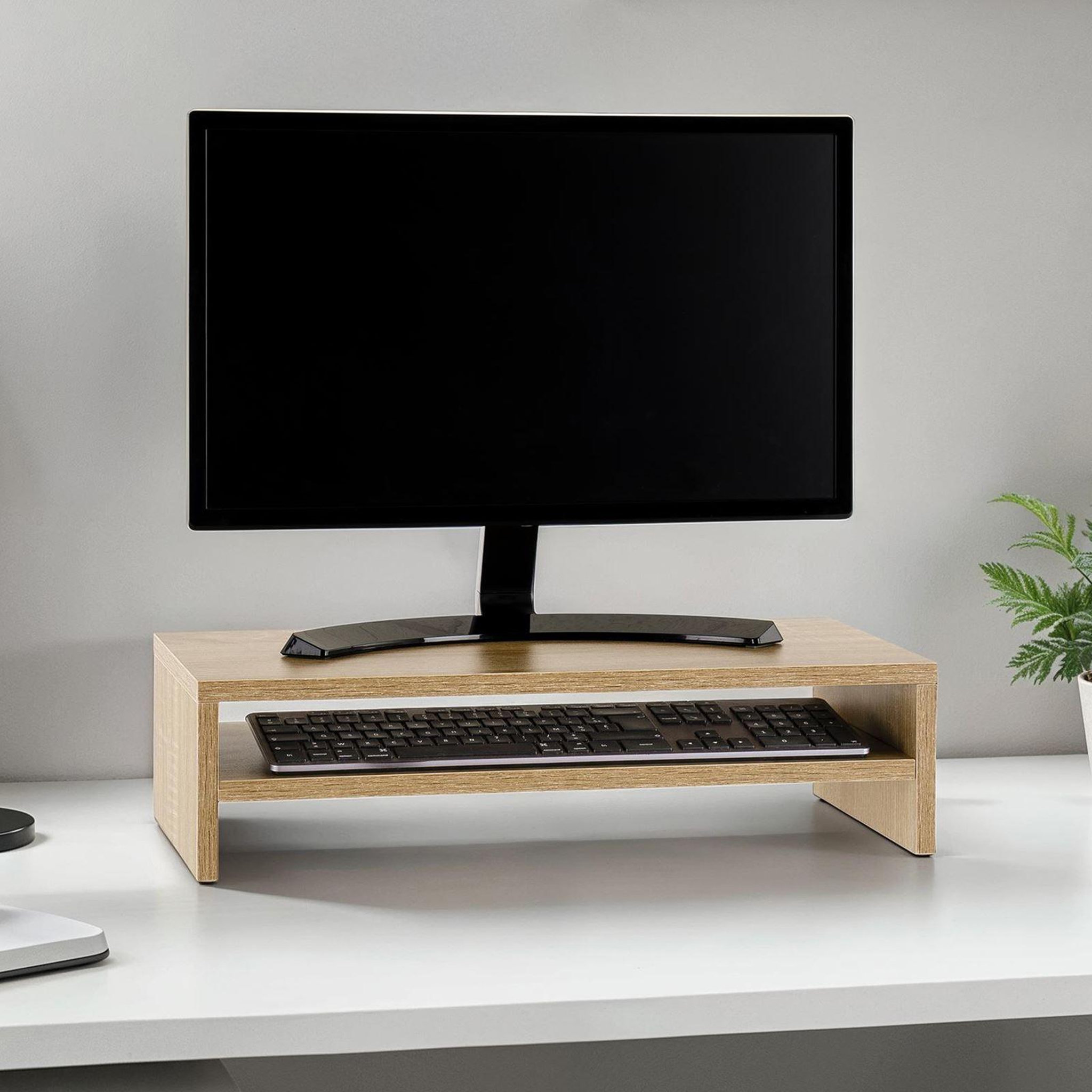Voir la diapositive 2 : IDIMEX Réhausseur d'écran CONNECT avec 1 étagère, en bois