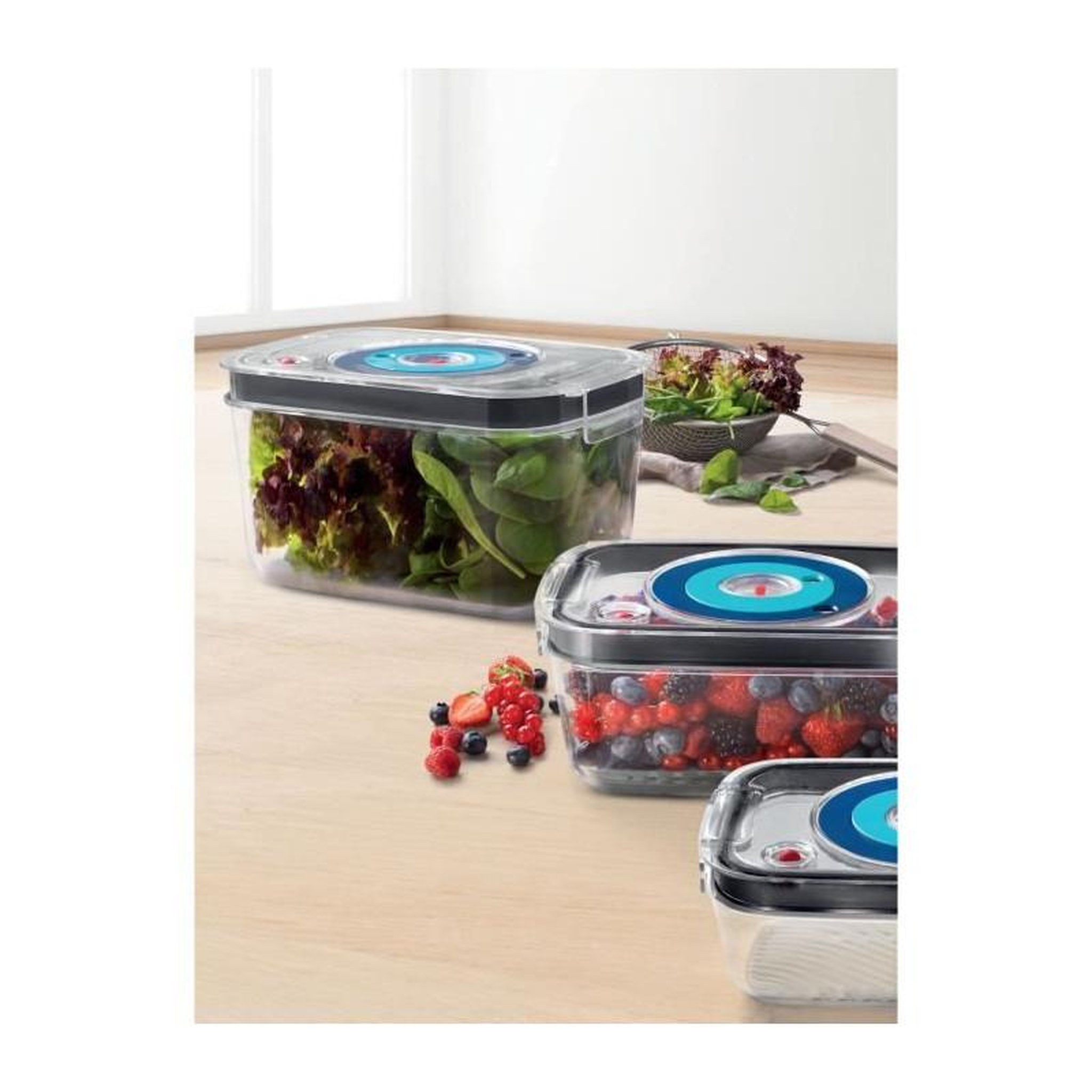 Voir la diapositive 4 : BOSCH BOSCH - 3 boites de conservation sous vide hermetiques : 0,7L, 1,0L et 1,5L - Bac degouttement - Indicateur jour et mois - Trita