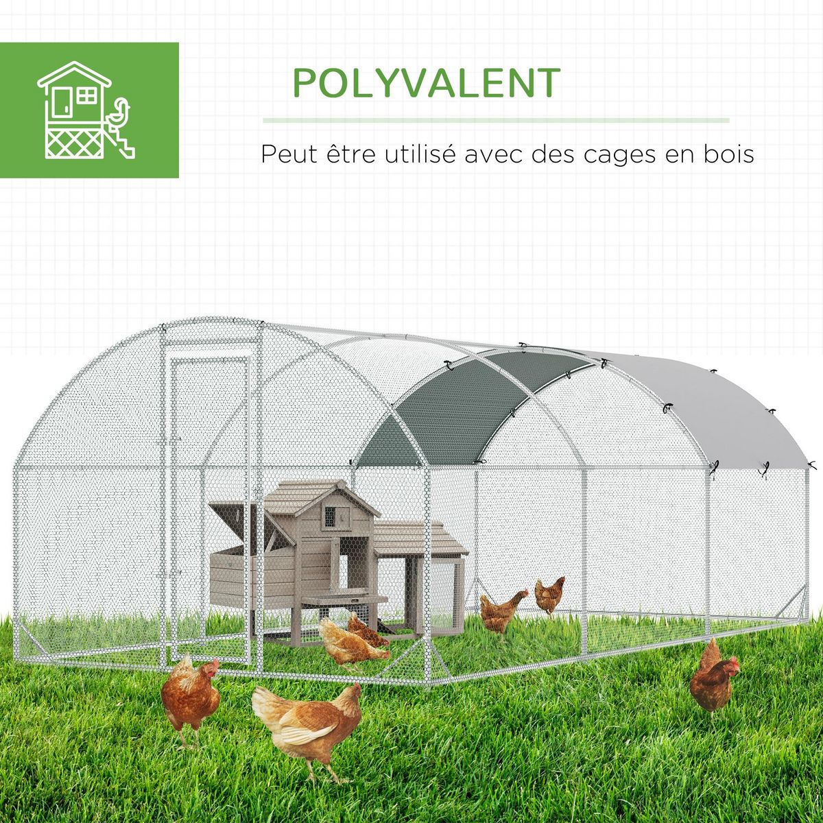 PAWHUT Enclos poulailler chenil 15,96 m² - parc grillagé dim. 5,7L x 2,8l x 1,97H m - espace couvert - acier galvanisé
