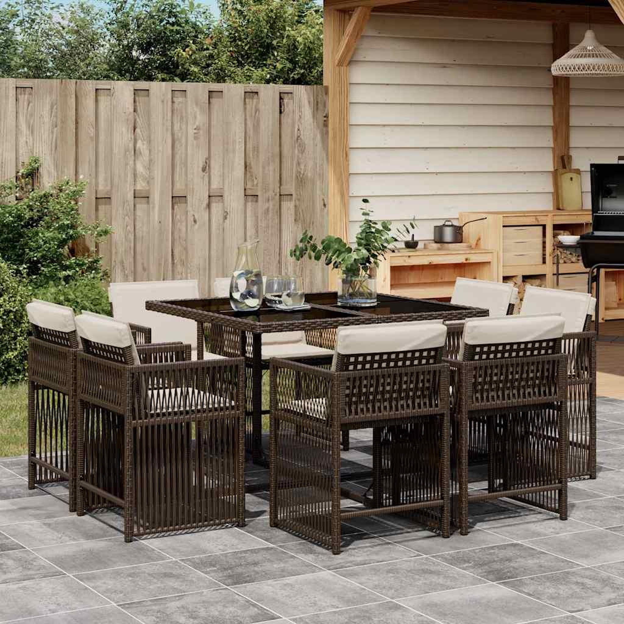 VIDAXL Ensemble a manger de jardin et coussins 9 pcs marron poly rotin