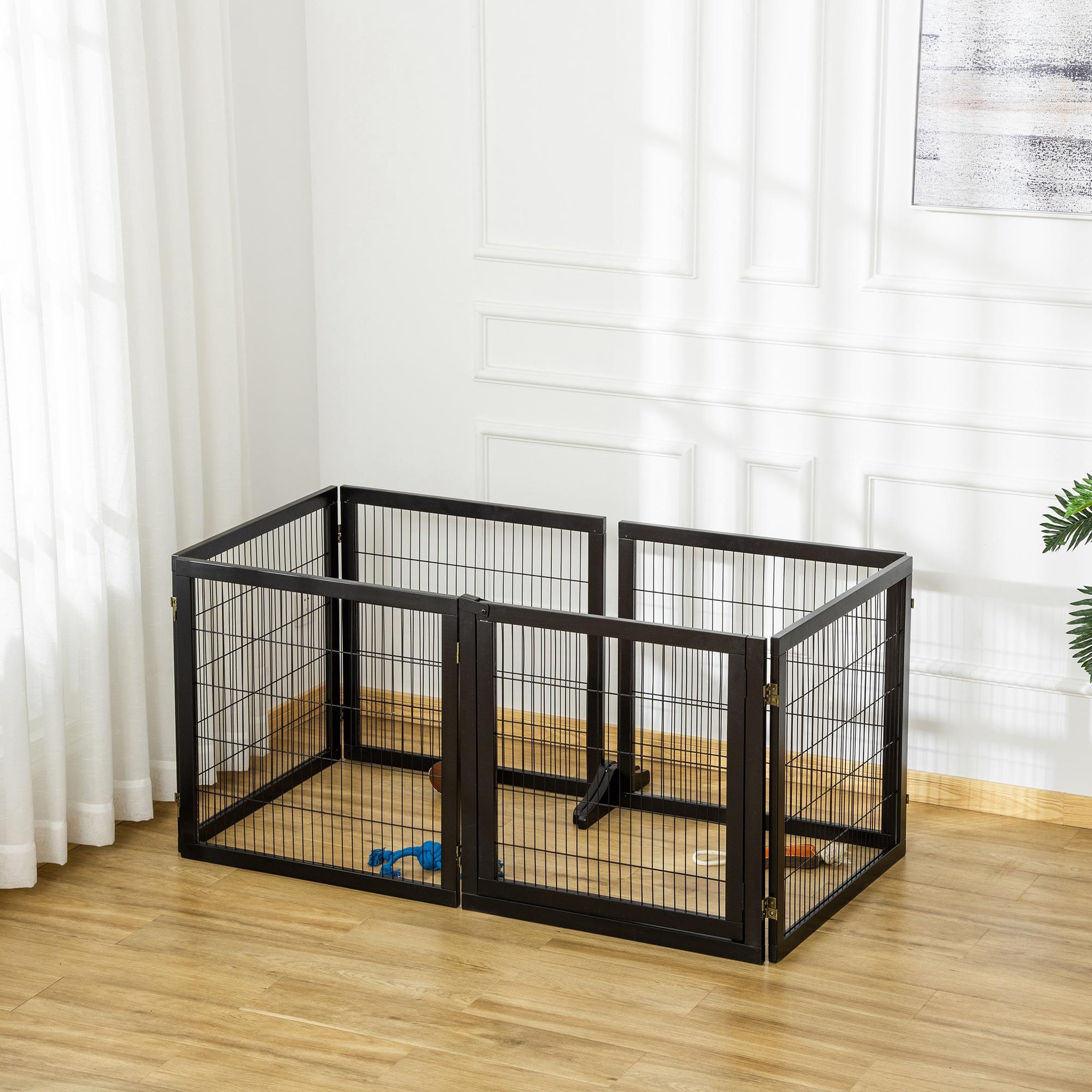 Voir la diapositive 4 : PAWHUT Barrière de sécurité parc enclos chien modulable pliable porte verrouillable intégrée 5 panneaux grillage acier noir bois de pin noir