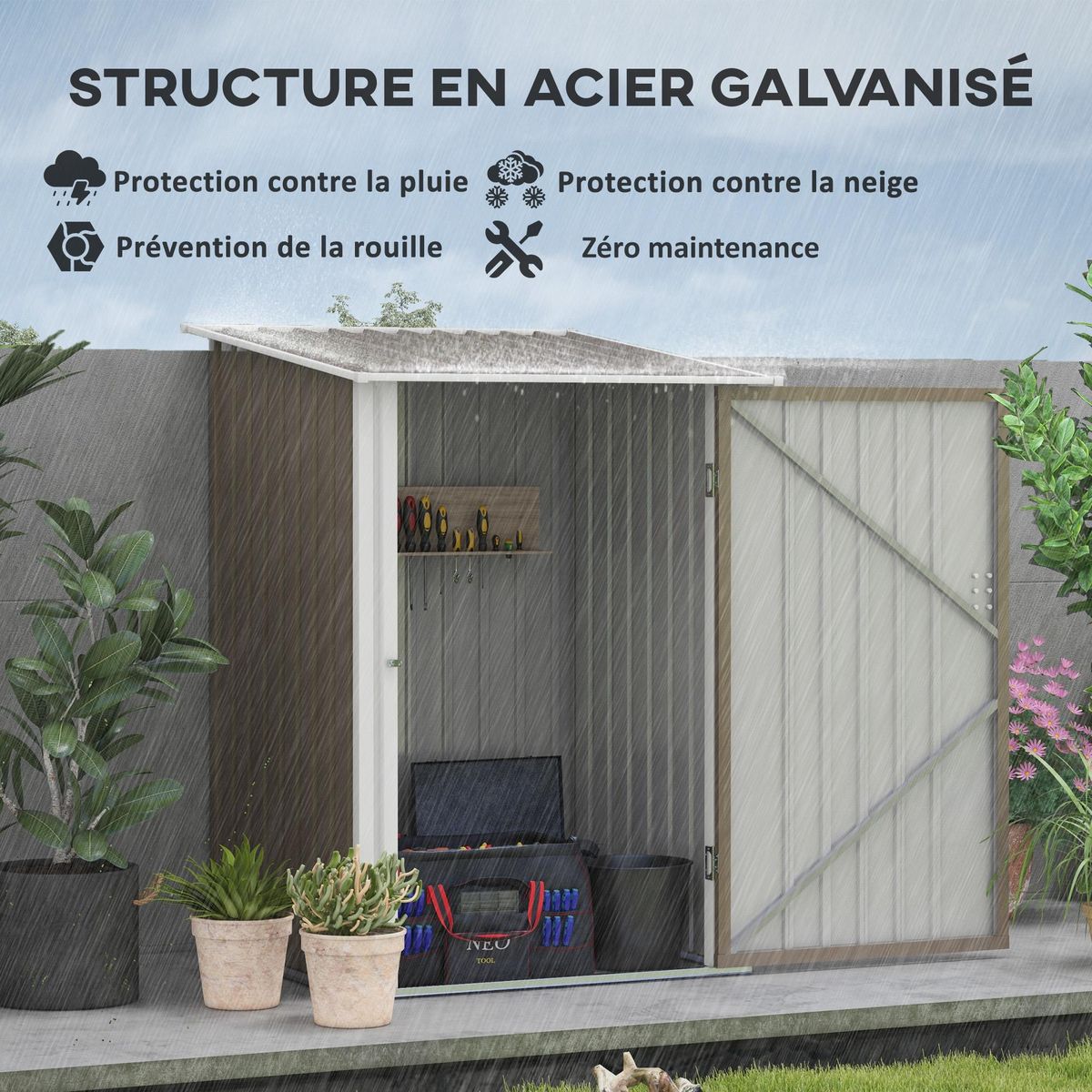 OUTSUNNY Abri de jardin - remise pour outils - cabanon porte verrouillable - dim. 1L x 1,03l x 1,6H m - tôle d'acier ondulée taupe