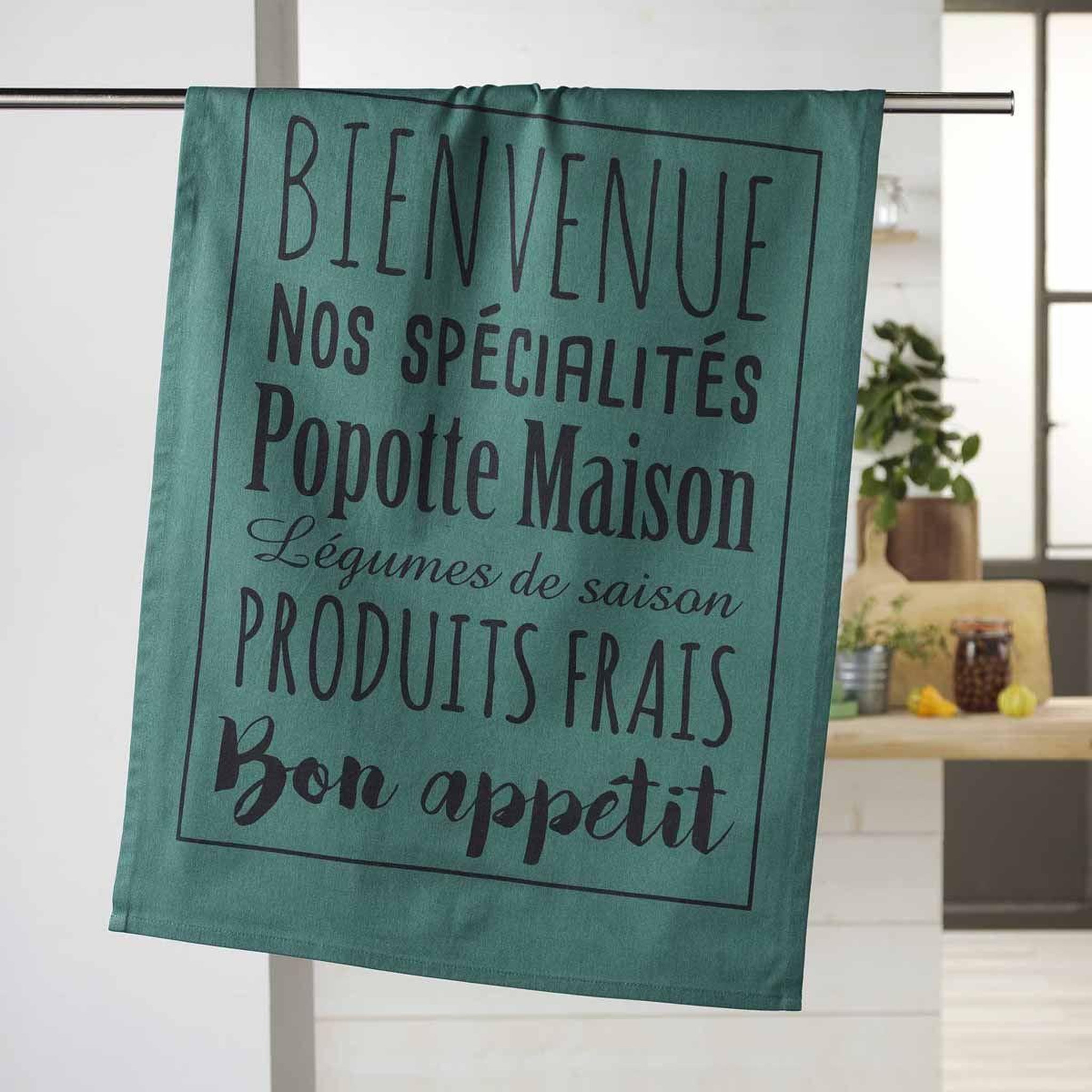 Voir la diapositive 2 : Douceur d'Intérieur Torchon de cuisine imprimé  popote  50x70cm émeraude