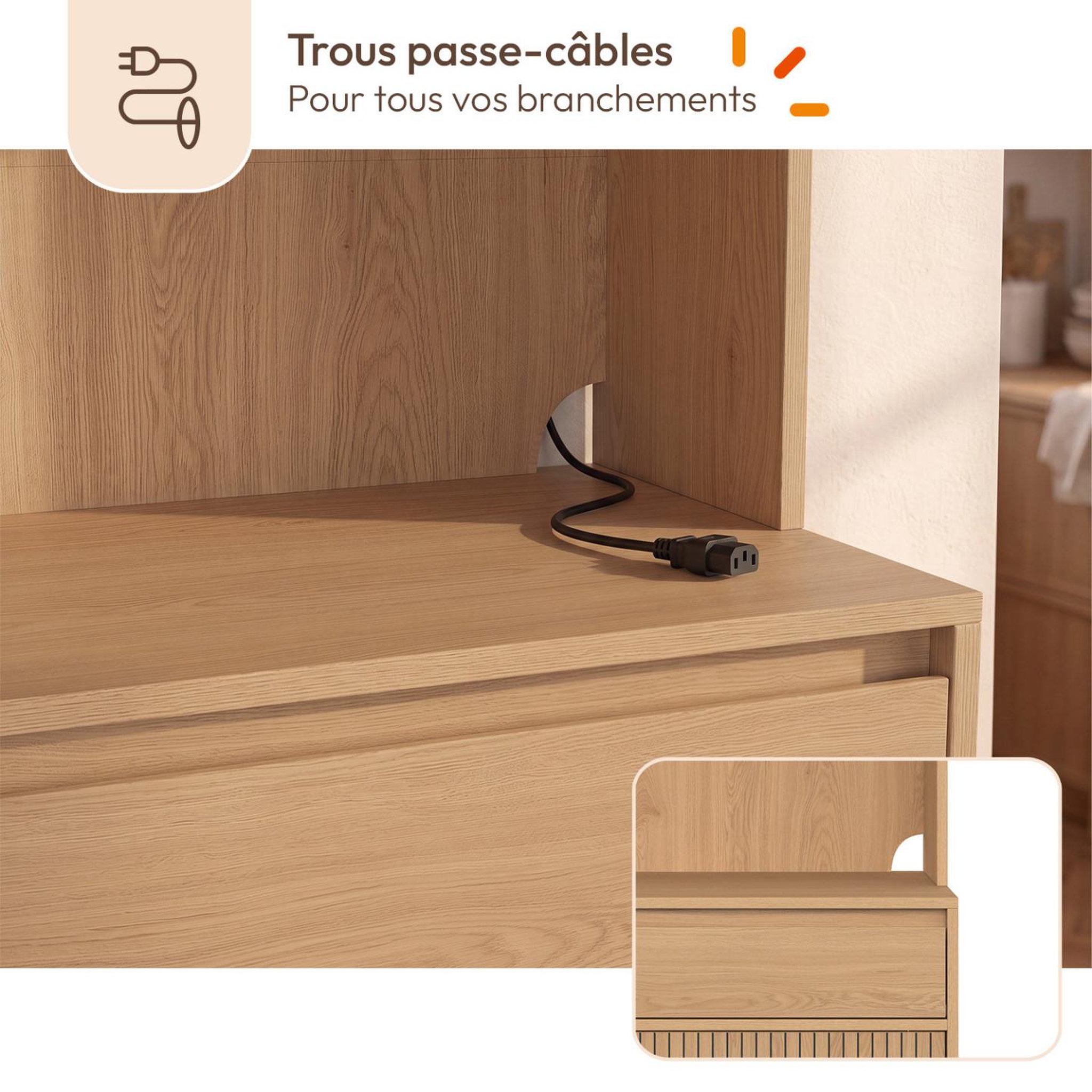 Voir la diapositive 6 : ID MARKET Buffet de cuisine 120 cm JULIETTE 4 portes coulissantes + 2 tiroirs effet lattes tasseau bois