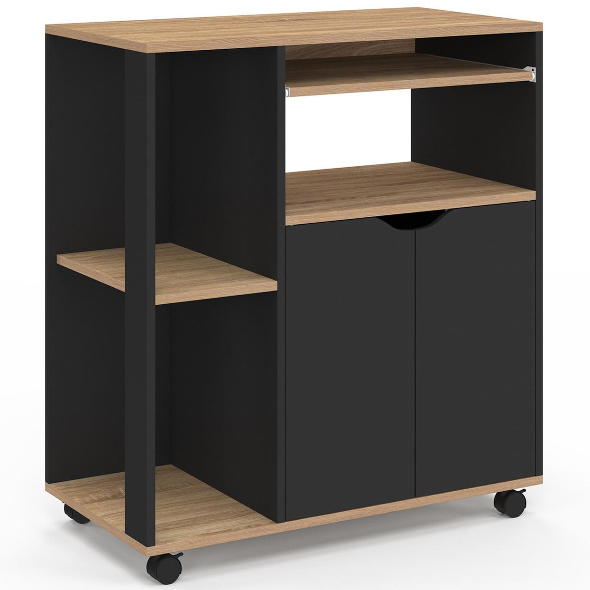 ID MARKET Desserte de cuisine COSI bois noir et plateaux façon hêtre L.76 CM