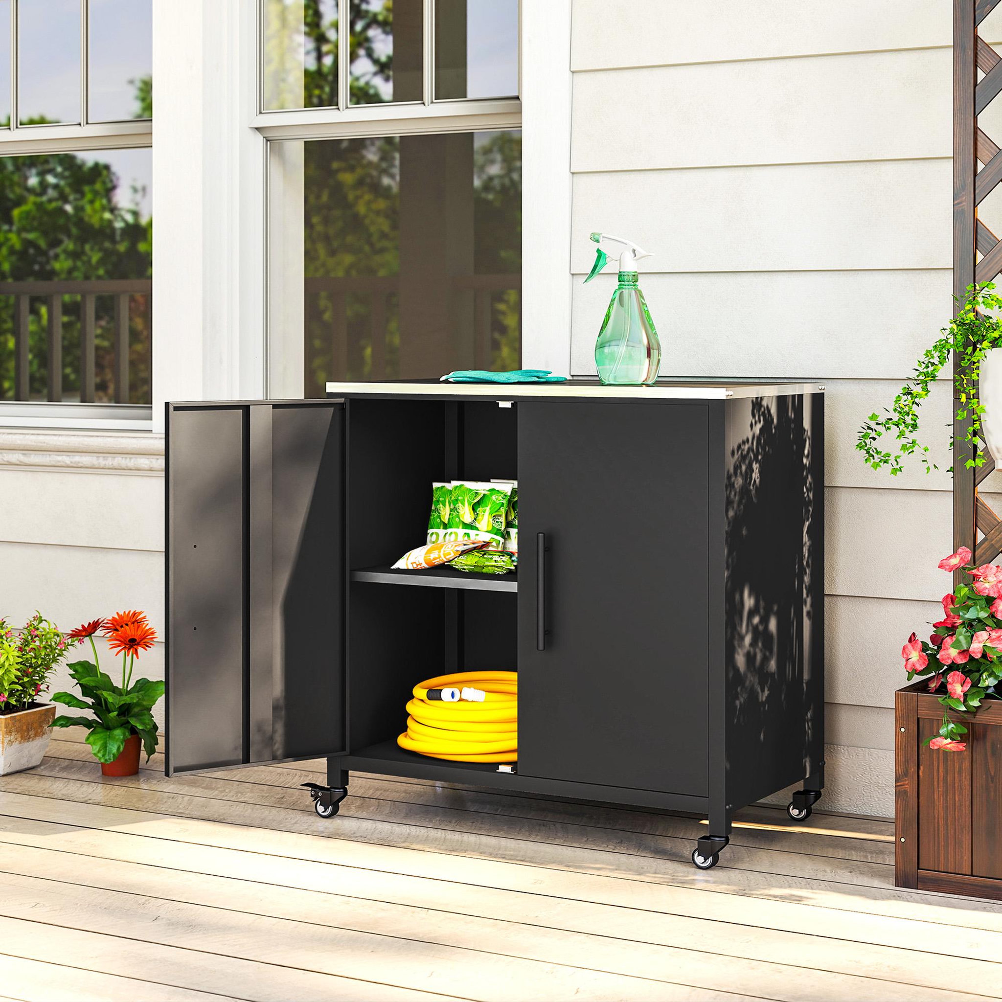 Voir la diapositive 2 : OUTSUNNY Meuble de Rangement de Jardin en Métal avec Roulettes Noir