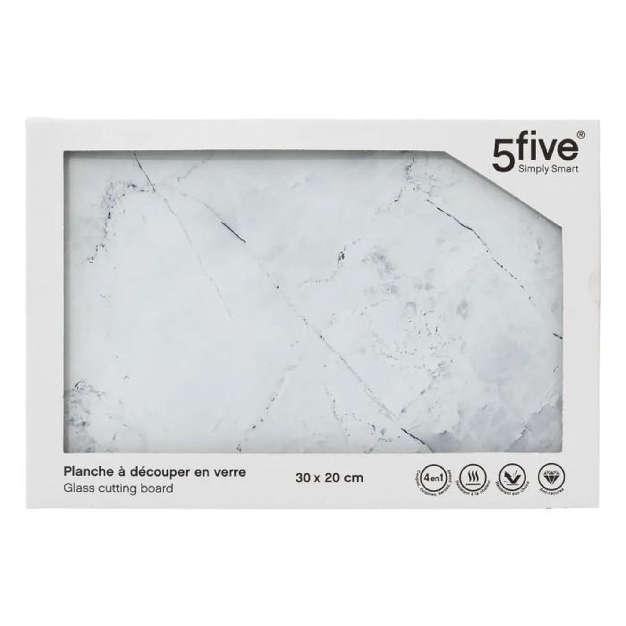 Voir la diapositive 2 : FIVE Planche à Découper en Verre  Marbre  30cm Blanc