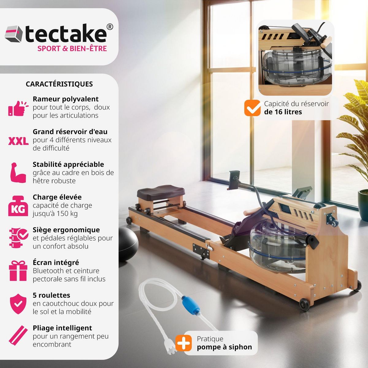 tectake Rameur en bois en hêtre massif et pliable noir/marron