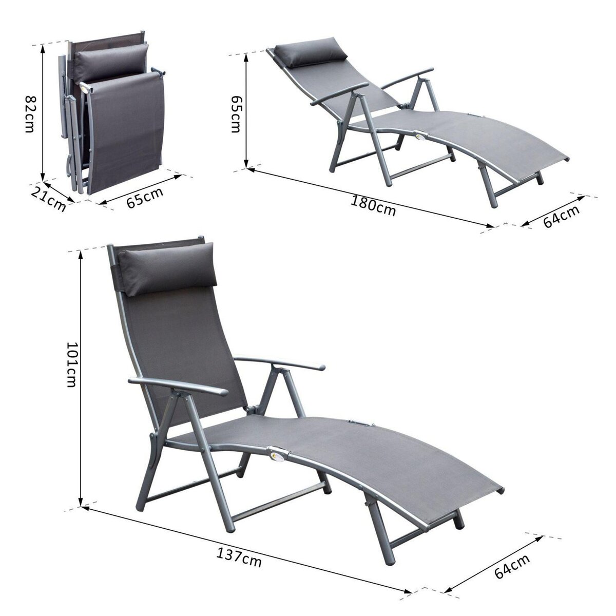 OUTSUNNY Outsunny transat chaise longue bain de soleil pliable dossier inclinable multi-positions têtière fournie 137L x 64l x 101H cm métal époxy textilène gris