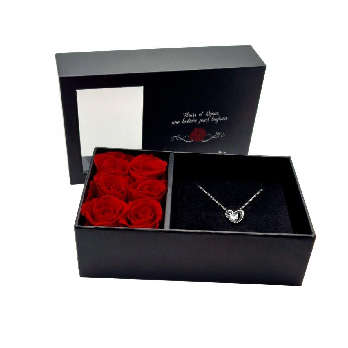 SC CRYSTAL Boite à bijou décorée de 6 roses éternelles rouges et son collier argenté