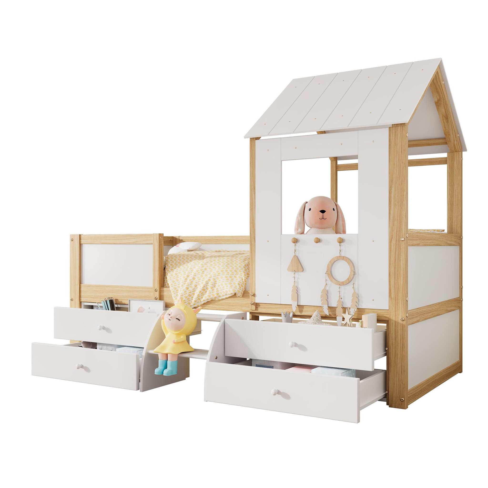 MERAX Lit enfant mi hauteur 90x200cm coloris blanc+naturel pin
