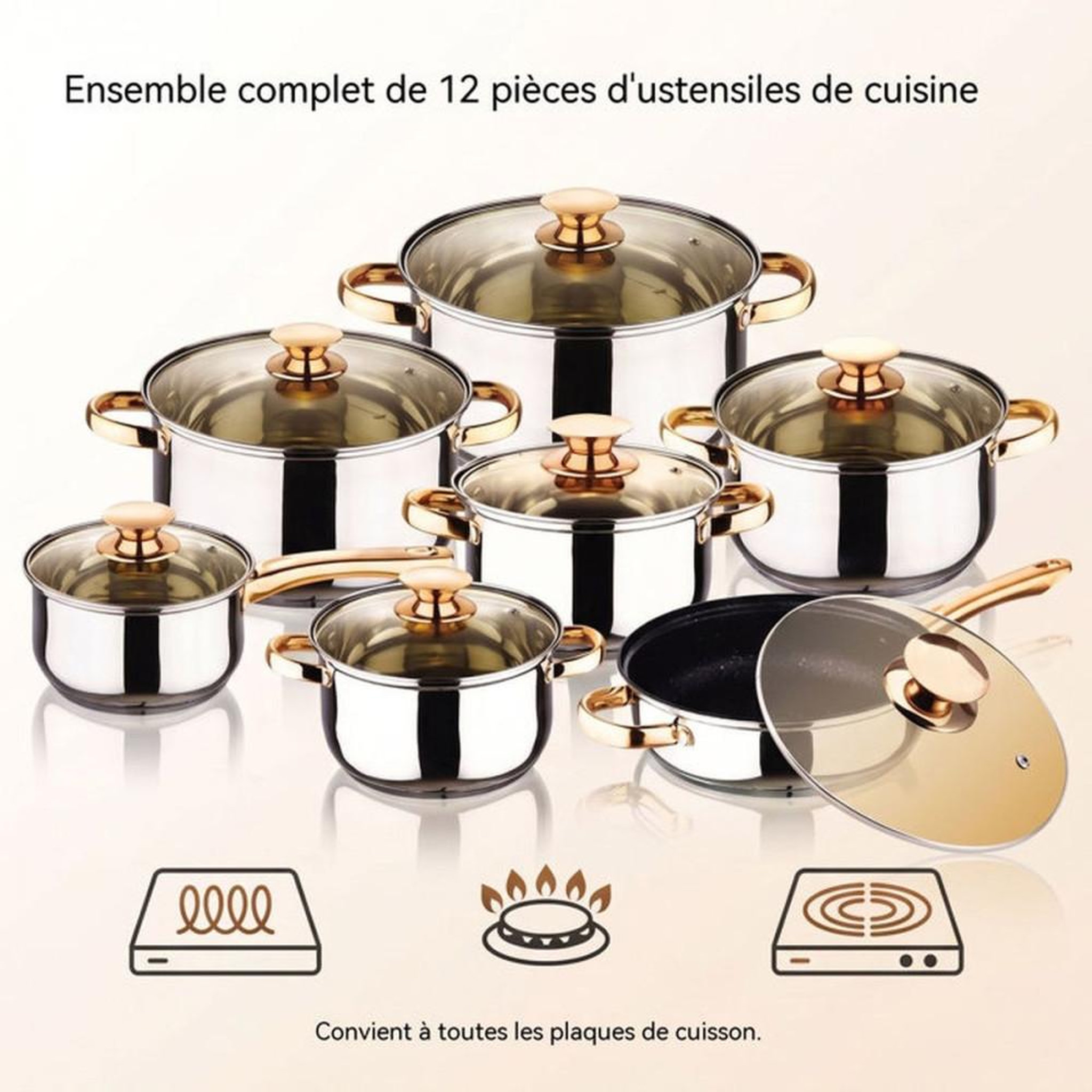 Voir la diapositive 2 : Ensemble de casseroles et poêles en acier inoxydable 201 6 pièces avec couvercles verre teinté finition dorée