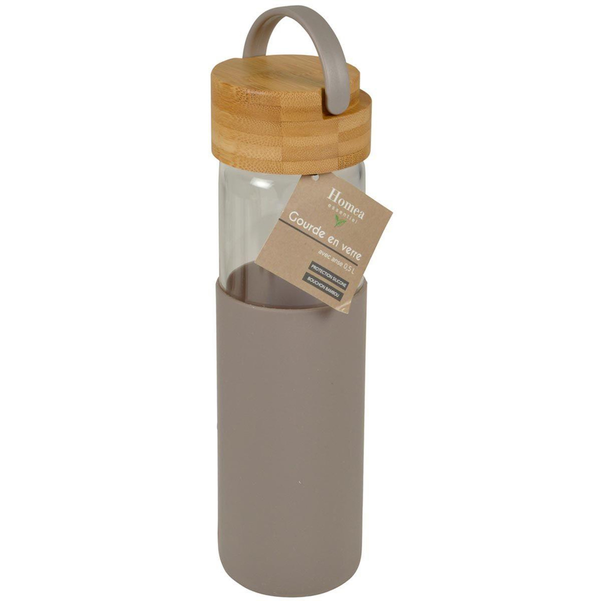 Voir la diapositive 2 : HOMEA Gourde Bouteille en Verre  Silicone  0,6L Taupe