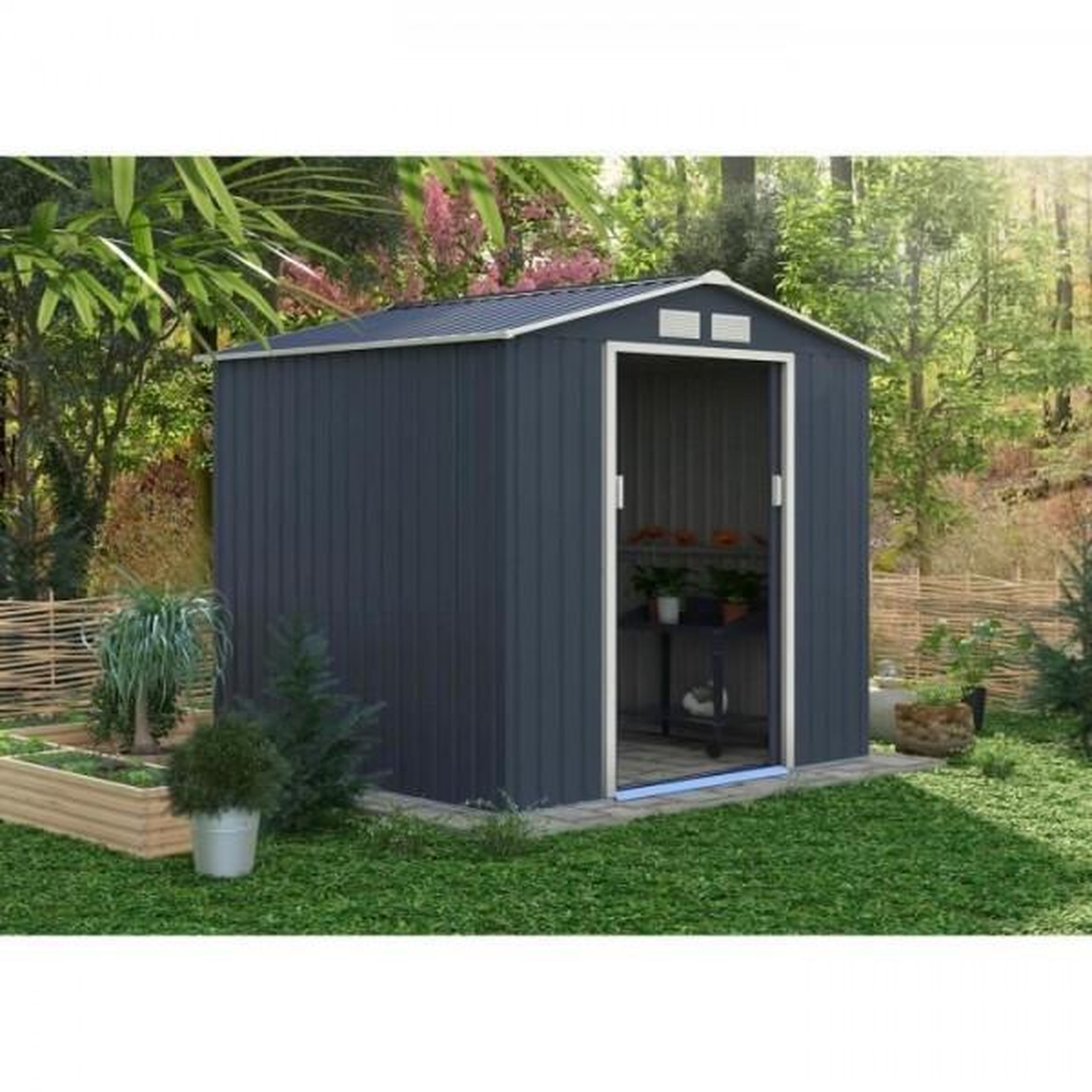 Voir la diapositive 2 : MARKET24 Abri de jardin en métal 4,07 m² - 213 x 191 x 195 cm - MARS - Kit d'ancrage inclus, 2 portes coulissantes - Gris