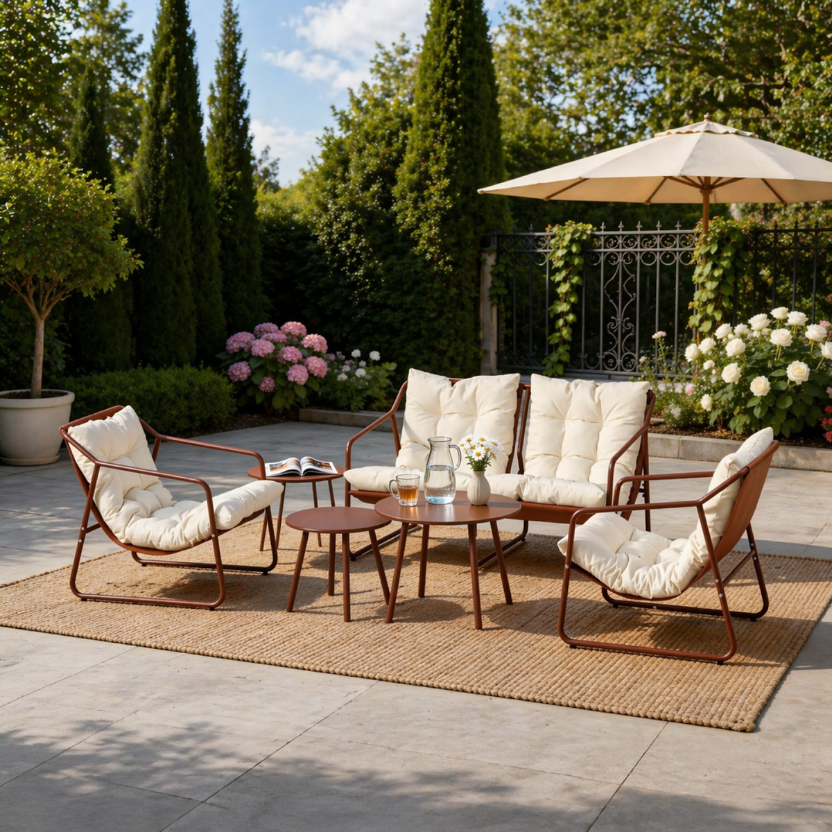 CONCEPT USINE Salon de jardin 4 places terracotta et beige avec tables basses ATRANI