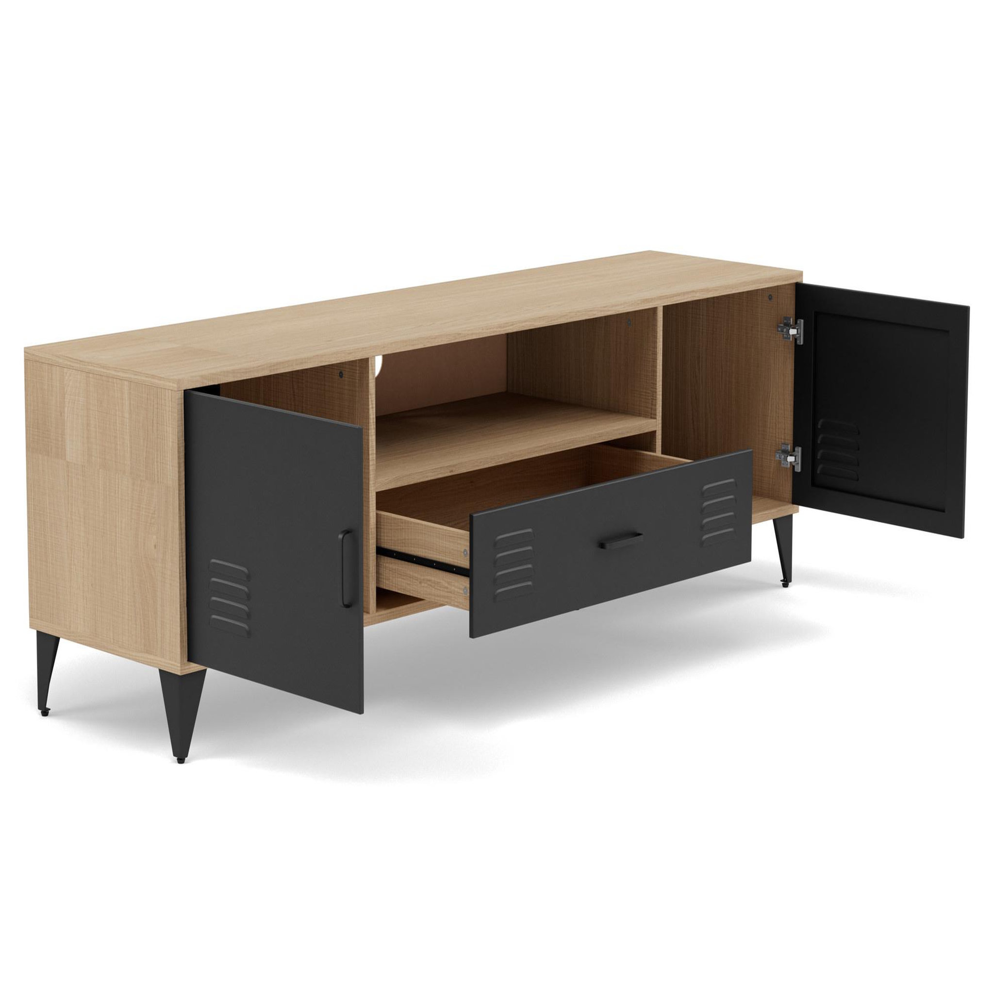 Voir la diapositive 3 : BEST MOBILIER Tribeca - meuble tv - effet bois et métal noir - 2 portes et 1 tiroir - 160 cm