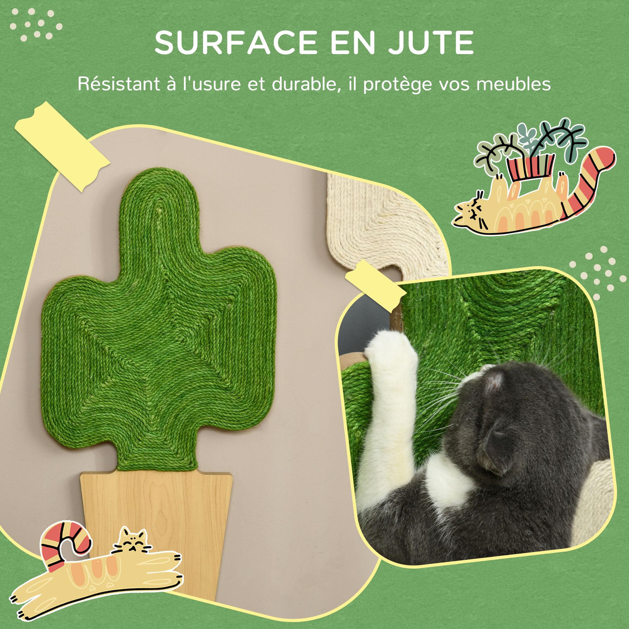 Voir la diapositive 4 : PAWHUT Lot de 2 griffoirs grattoirs murals design cactus dim. 30l x 60h cm jute naturelle écru verte aspect bois clair