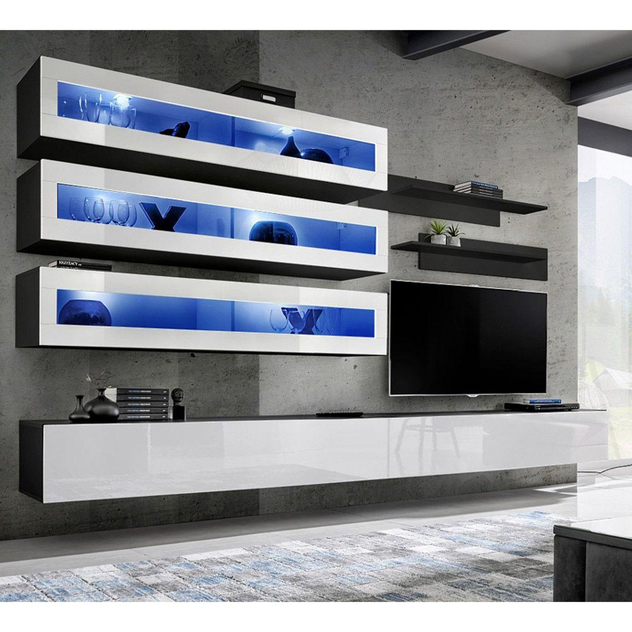 Voir la diapositive 1 : Paris Prix Ensemble meuble tv mural  fly j2  320cm blanc & noir