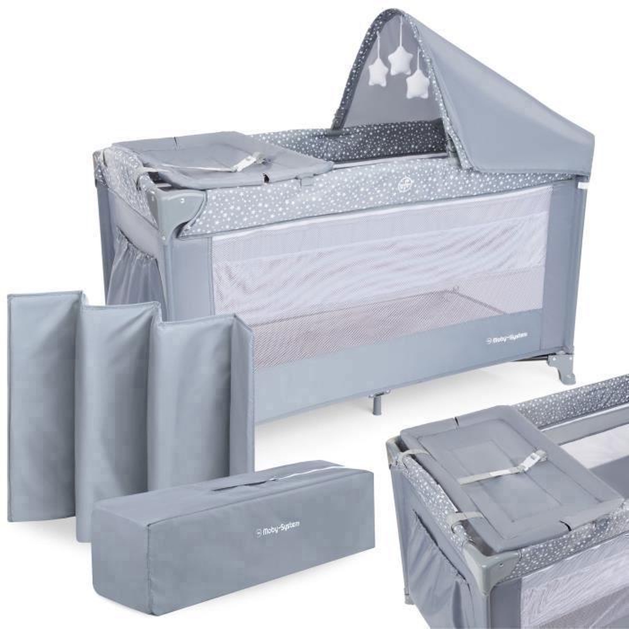 MOBY SYSTEM Lit Parapluie Bébé 2 niveaux de matelas (Haut 0-6 mois, Bas 6-36 mois), Pliable