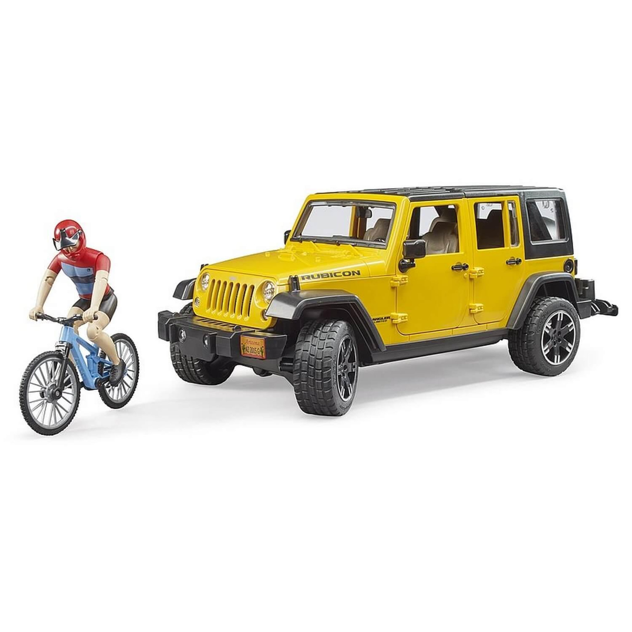 Bruder Jeep Wrangler Rubicon avec cycliste et vélo tout terrain