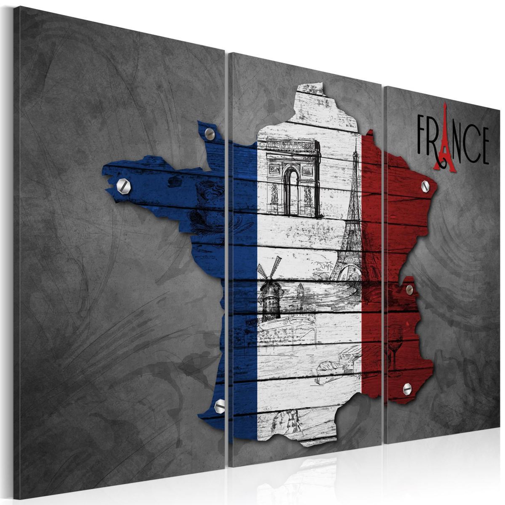 Paris Prix Tableau imprimé 3 panneaux  symboles de la france. Coloris disponibles : Multicolore