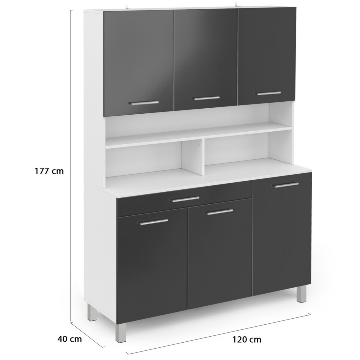 ID MARKET Buffet de cuisine 120 CM CINA 6 portes + tiroir blanc et gris brillant