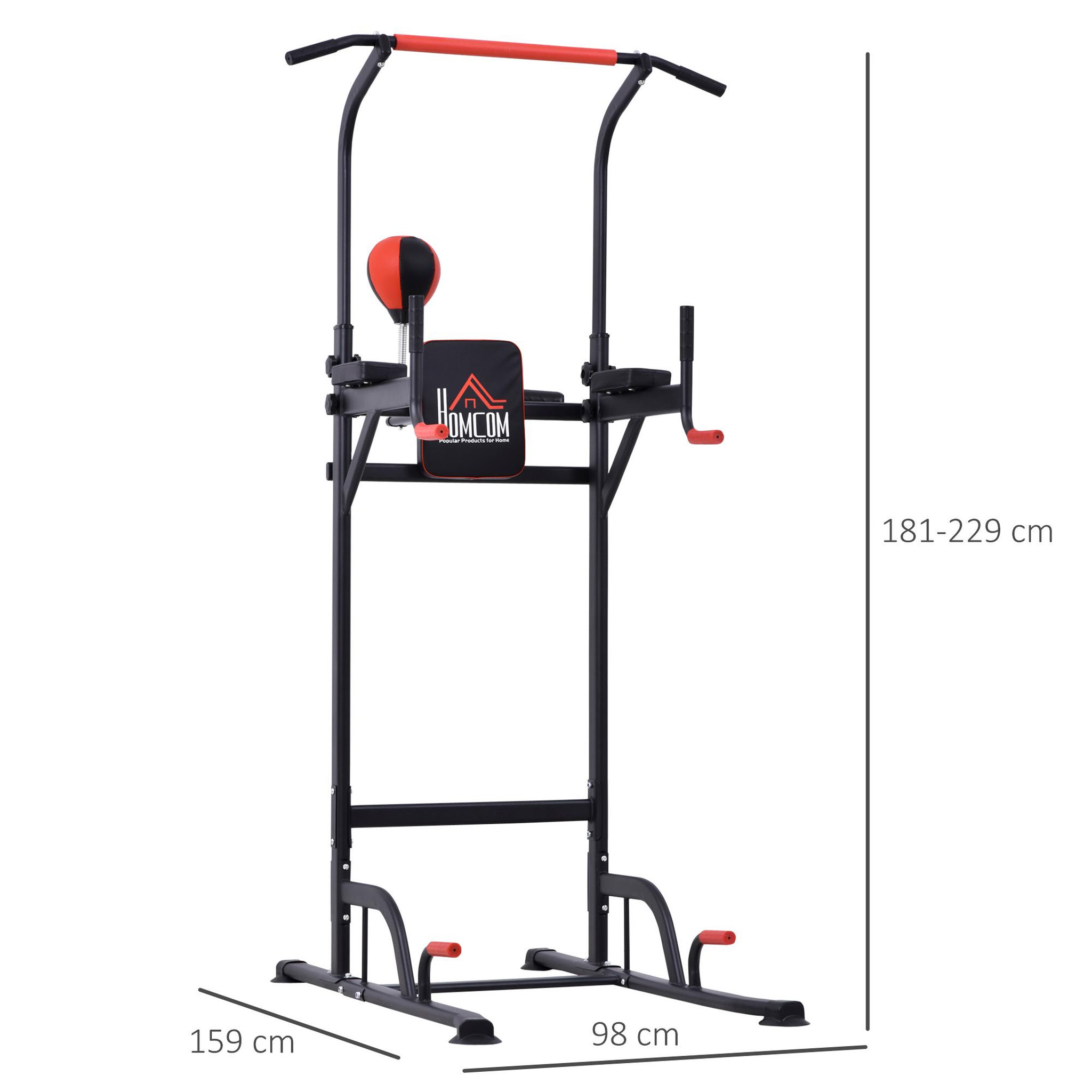 Voir la diapositive 2 : HOMCOM Station de traction musculation multifonctions punching ball chaise romaine hauteur réglable acier noir rouge