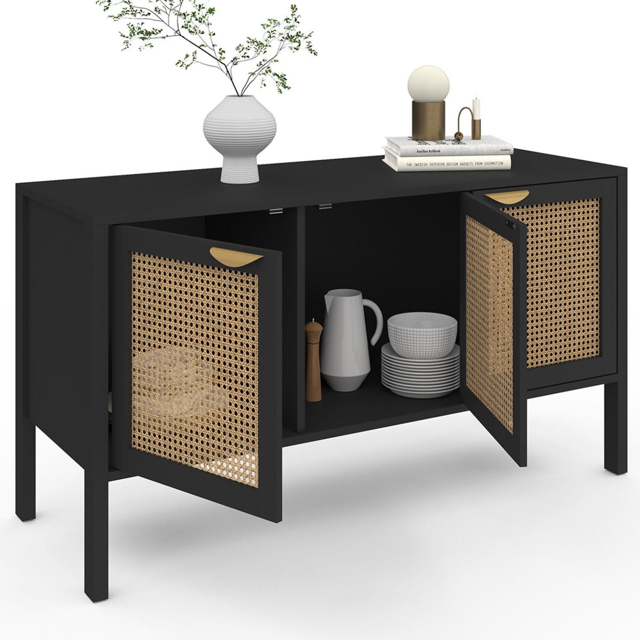 Voir la diapositive 4 : ID MARKET Buffet bas 110 cm edhen 3 portes bois noir et cannage