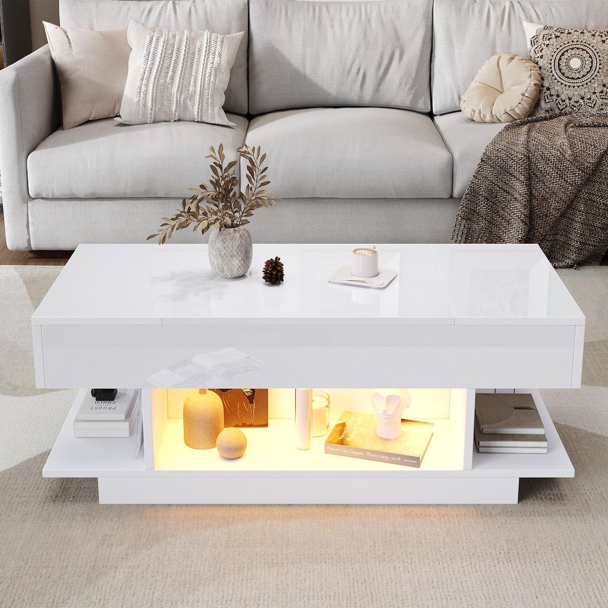 MERAX Table basse relevable rectangulaire blanc - 45x98 cm led panneau de particules