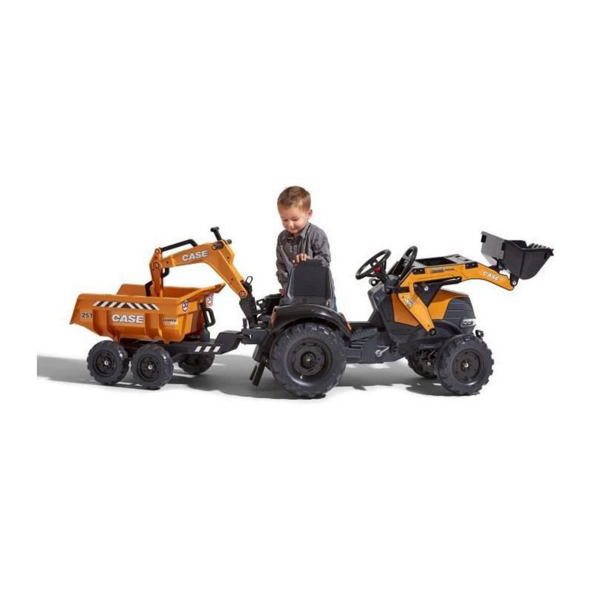 FALK FALK - 997W - Tractopelle a pedales Case IH Construction avec excavatrice et selle pivotante + remorque double essieux basculant