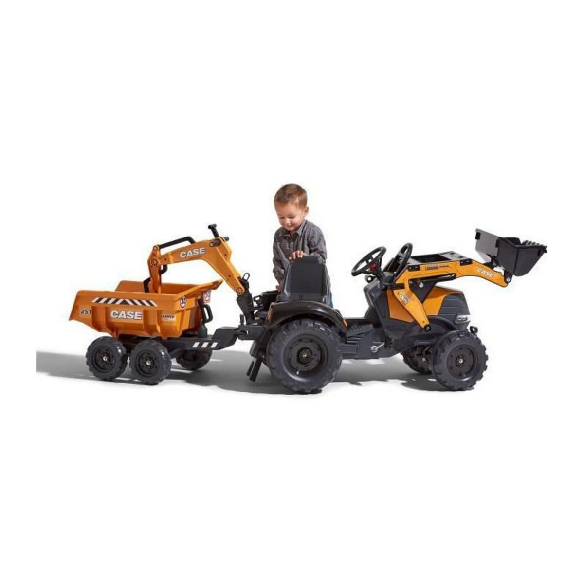 FALK FALK - 997W - Tractopelle a pedales Case IH Construction avec excavatrice et selle pivotante + remorque double essieux basculant